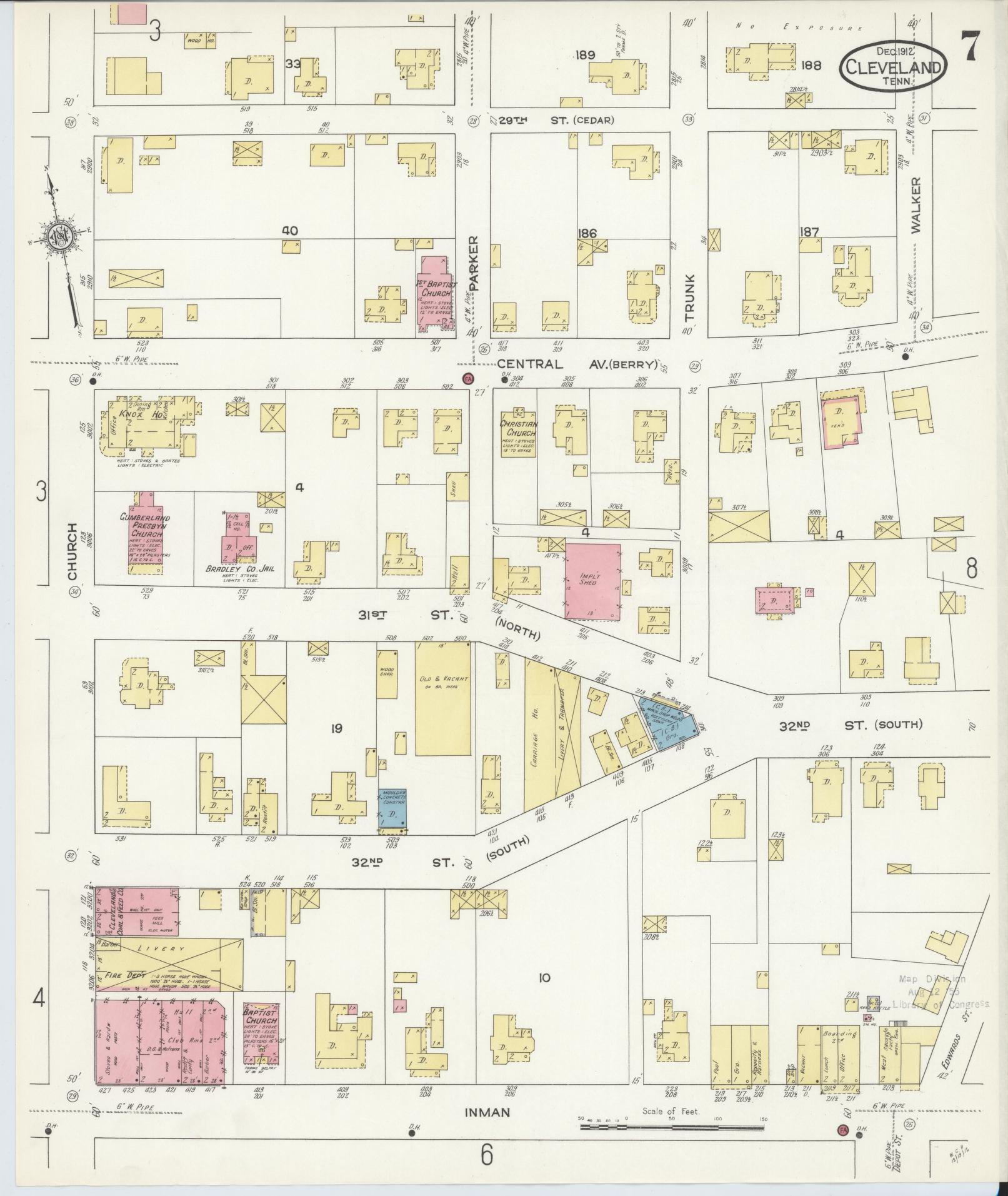 Sanborn Fire Insurance Map from Cleveland, Bradley County, Tennessee (1912), Sheet #0007 - Complete Map Set gallery image, historic Sanborn map, vintage wall art, Tennessee Tennessee