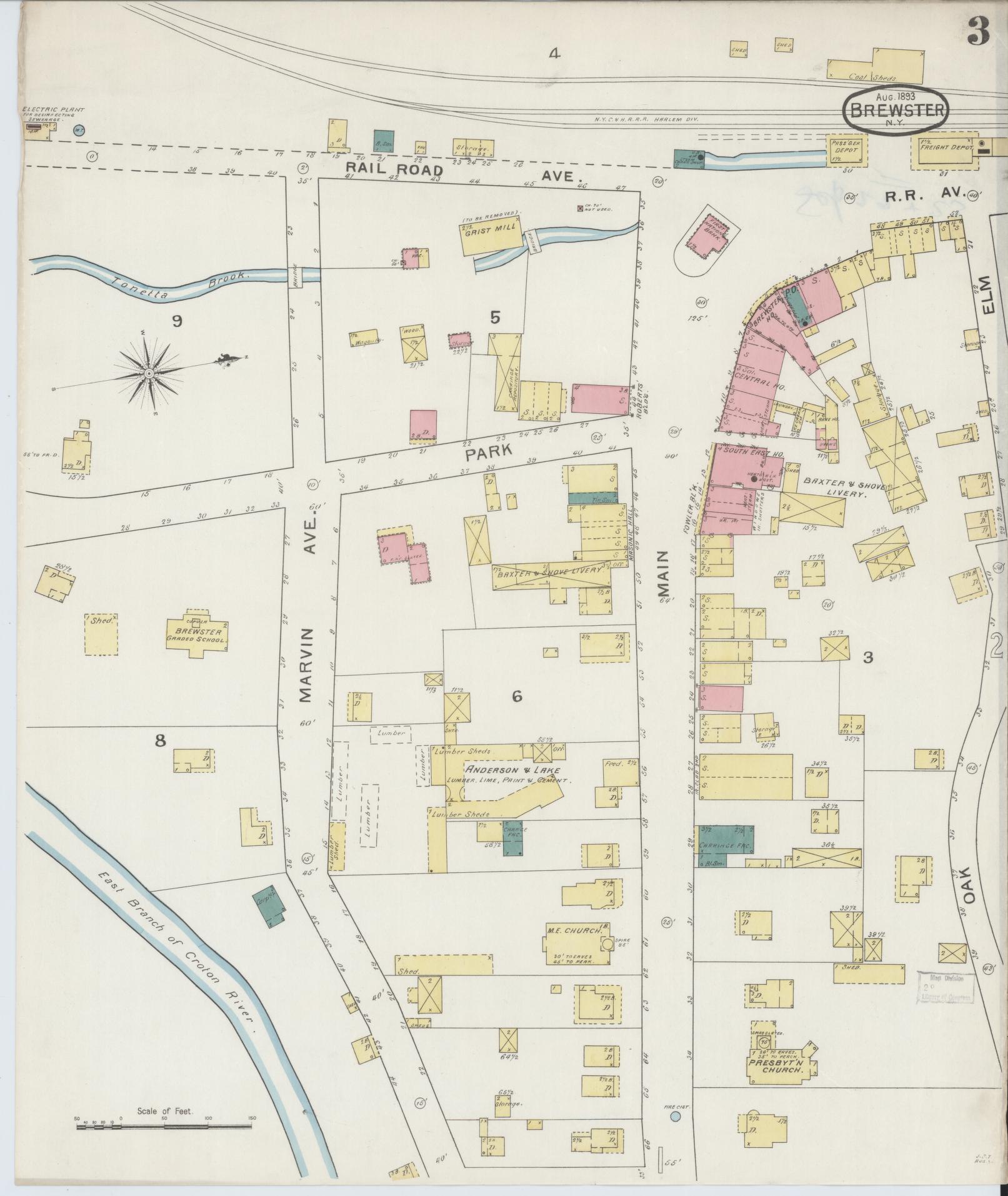 Sanborn Fire Insurance Map from Brewster, Putnam County, New York (1893), Sheet #0003 - Complete Map Set gallery image, historic Sanborn map, vintage wall art, New York New York