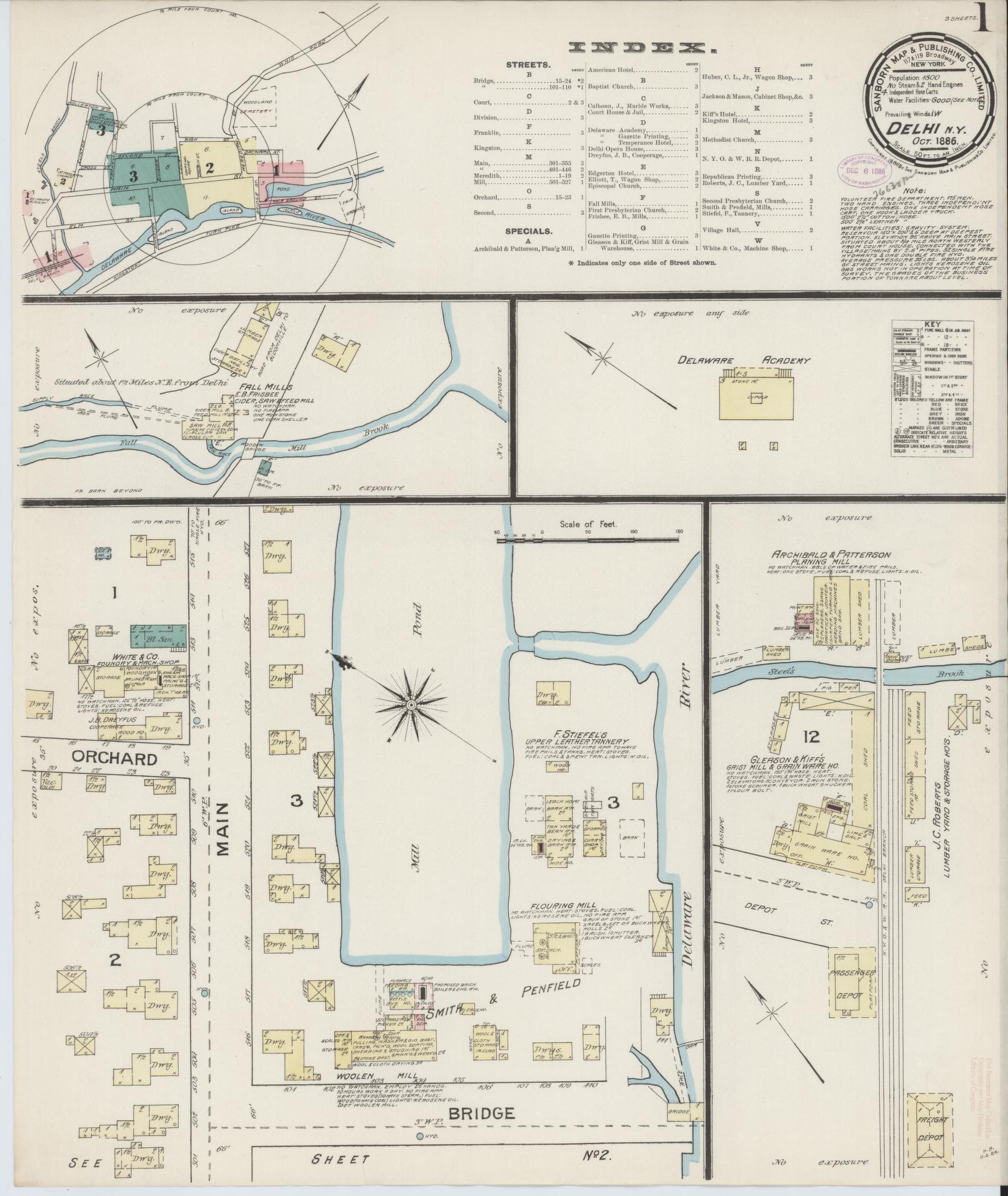 Sanborn Fire Insurance Map from Delhi, Delaware County, New York (1886), Sheet #0001 - Historic Sanborn Fire Insurance Map Print, vintage old map wall art, antique decor, genealogy gift, Delhi Delaware map