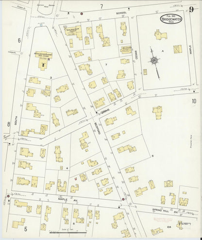 Sanborn Fire Insurance Map from Bridgewater, Plymouth County, Massachusetts (1912), Sheet #0009 - Historic Sanborn Fire Insurance Map Print, vintage old map wall art, antique decor, genealogy gift, Massachusetts Massachusetts map