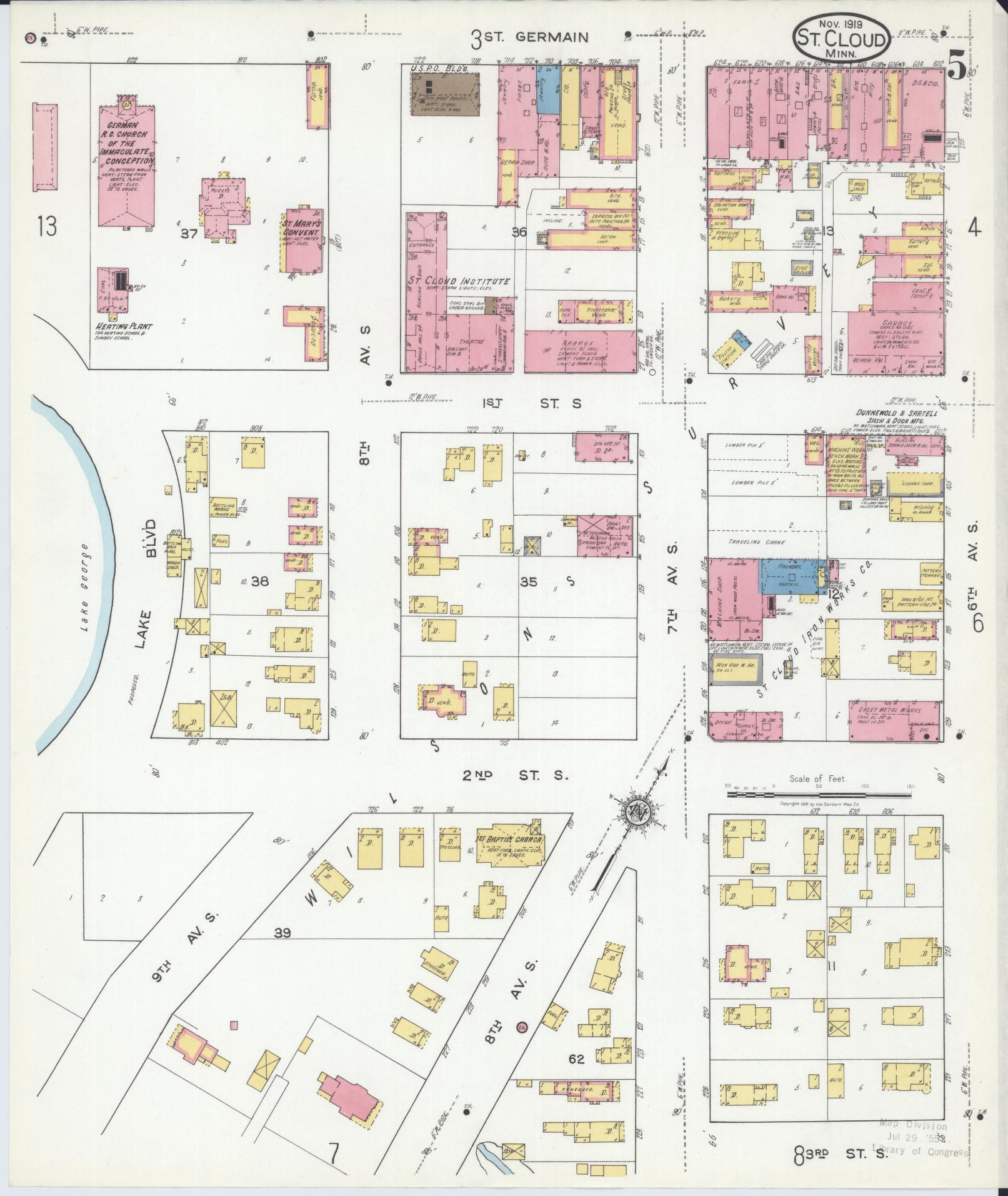 Sanborn Fire Insurance Map from Saint Cloud, Stearns, Benton, and Sherburne Counties, Minnesota (1919), Sheet #0005 - Complete Map Set gallery image, historic Sanborn map, vintage wall art, Minnesota Minnesota