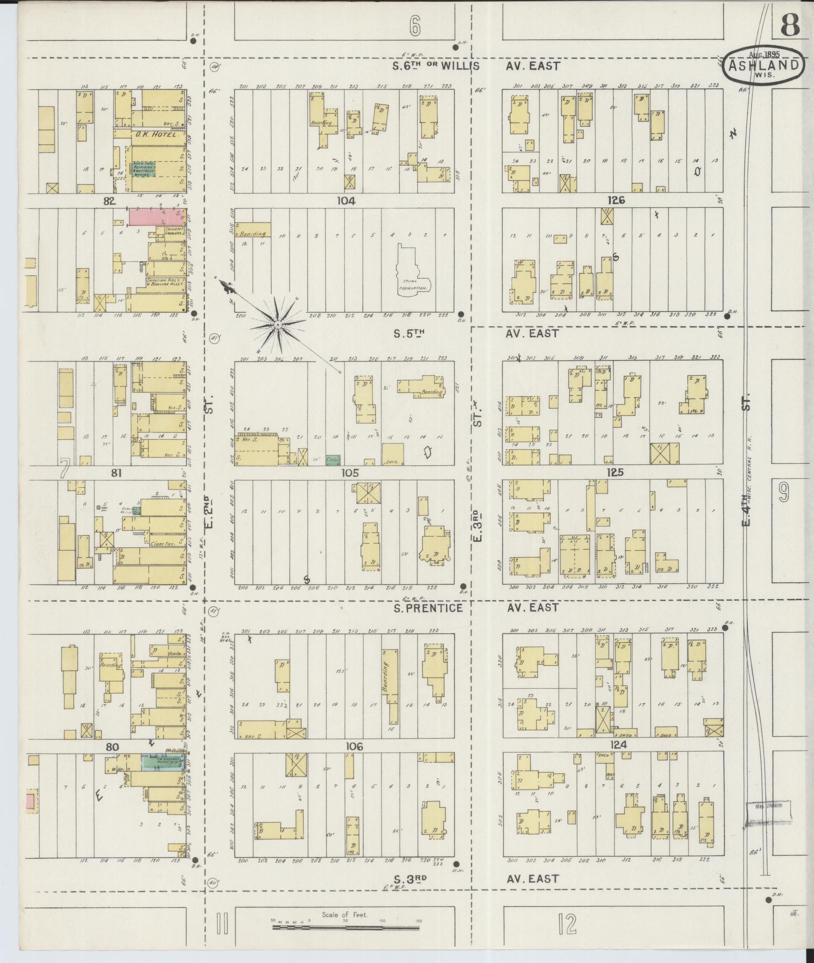 Sanborn Fire Insurance Map from Ashland, Ashland County, Wisconsin (1895), Sheet #0008 - Historic Sanborn Fire Insurance Map Print, vintage old map wall art, antique decor, genealogy gift, Wisconsin Wisconsin map