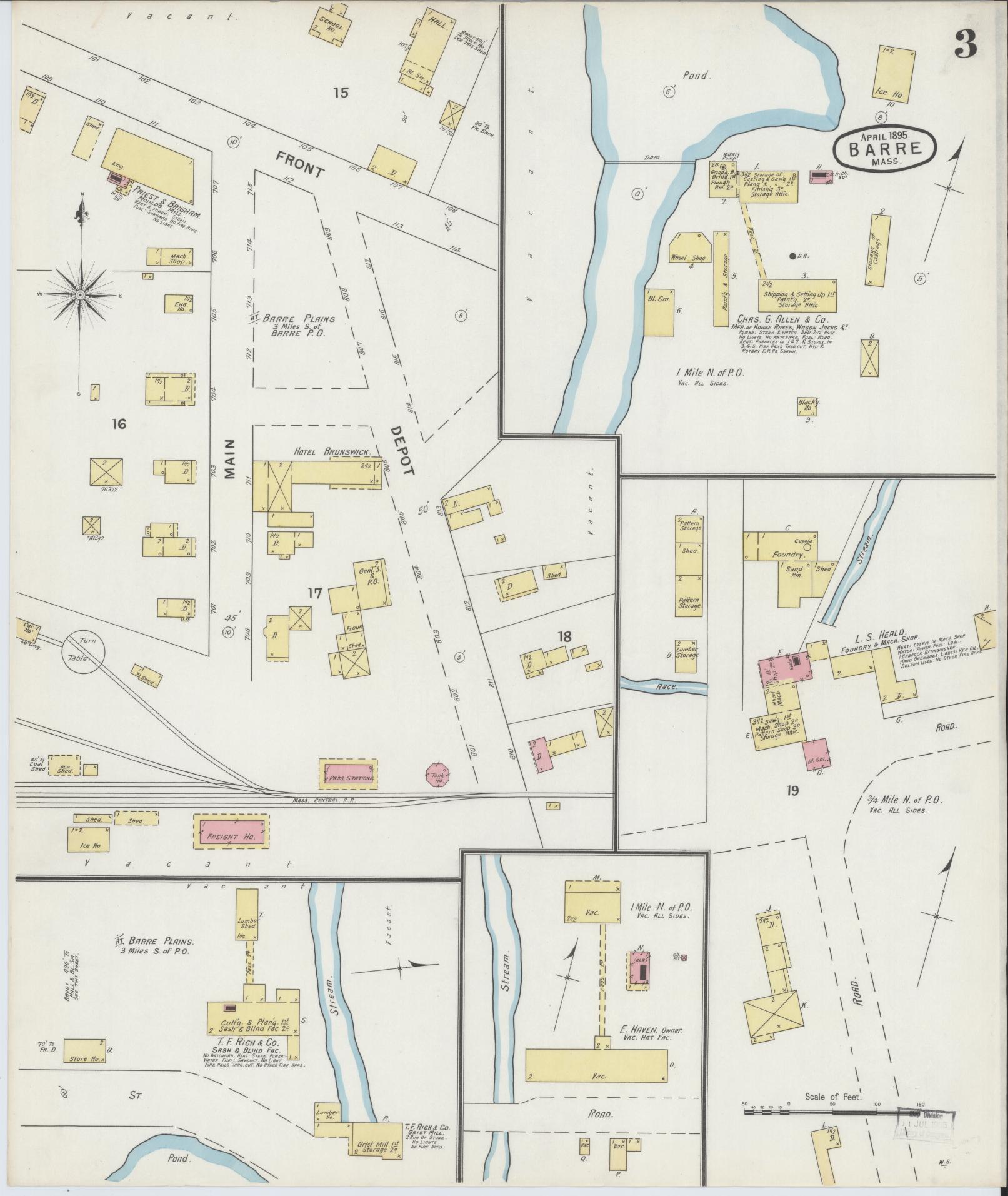 Sanborn Fire Insurance Map from Barre, Worcester County, Massachusetts (1895), Sheet #0003 - Historic Sanborn Fire Insurance Map Print, vintage old map wall art, antique decor, genealogy gift, Massachusetts Massachusetts map