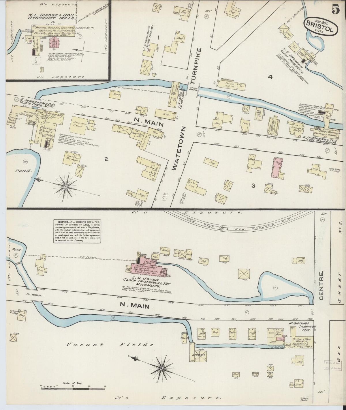 Sanborn Fire Insurance Map from Bristol, Hartford County, Connecticut (1884), Sheet #0005 - Historic Sanborn Fire Insurance Map Print, vintage old map wall art, antique decor, genealogy gift, Connecticut Connecticut map