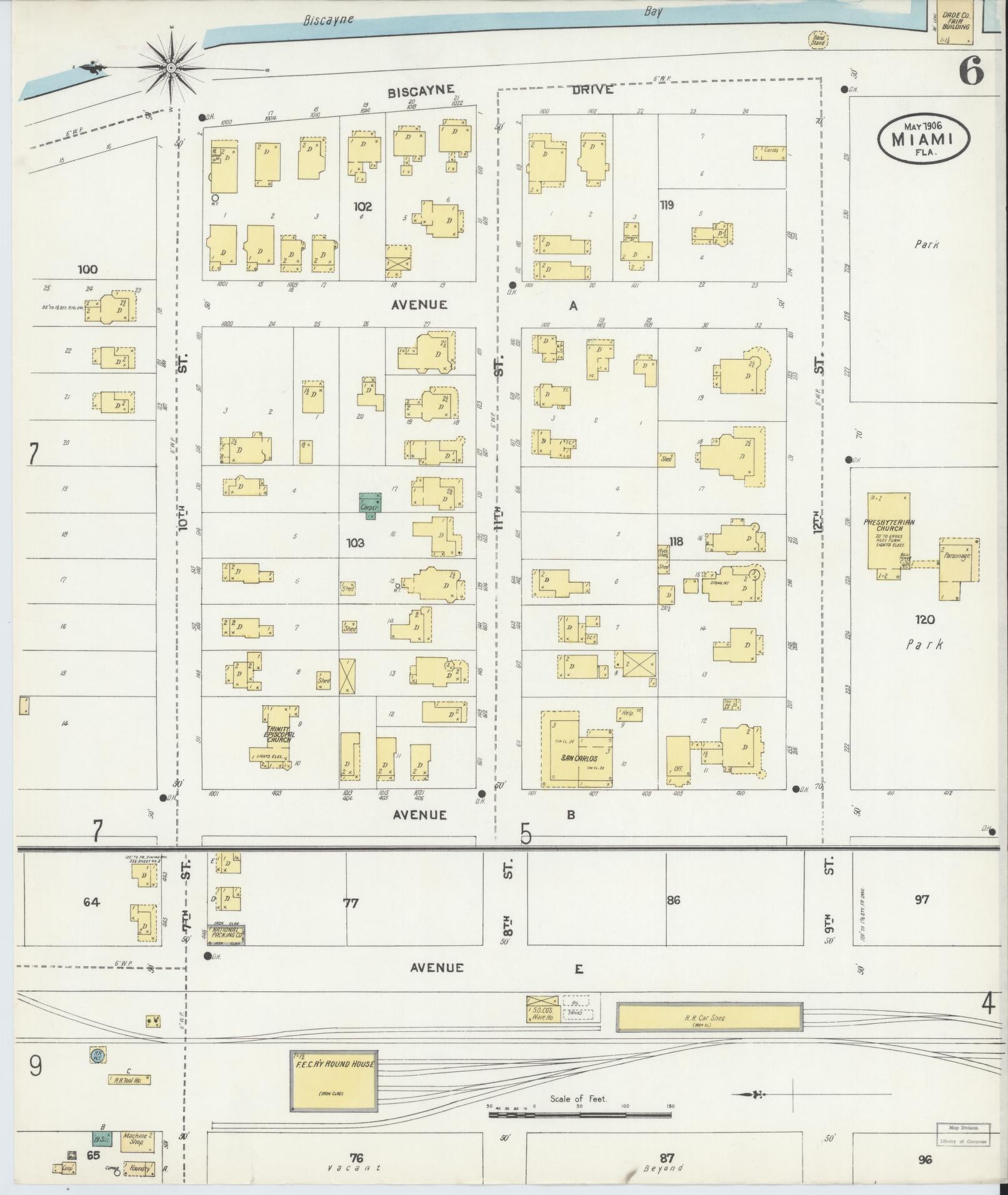 Sanborn Fire Insurance Map from Miami, Dade County, Florida (1906), Sheet #0006 - Complete Map Set gallery image, historic Sanborn map, vintage wall art, Florida Florida
