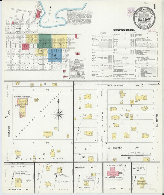 Sanborn Fire Insurance Map from Willmar, Kandiyohi County, Minnesota (1909), Sheet #0001 - Historic Sanborn Fire Insurance Map Print, vintage old map wall art, antique decor, genealogy gift, Minnesota Minnesota map