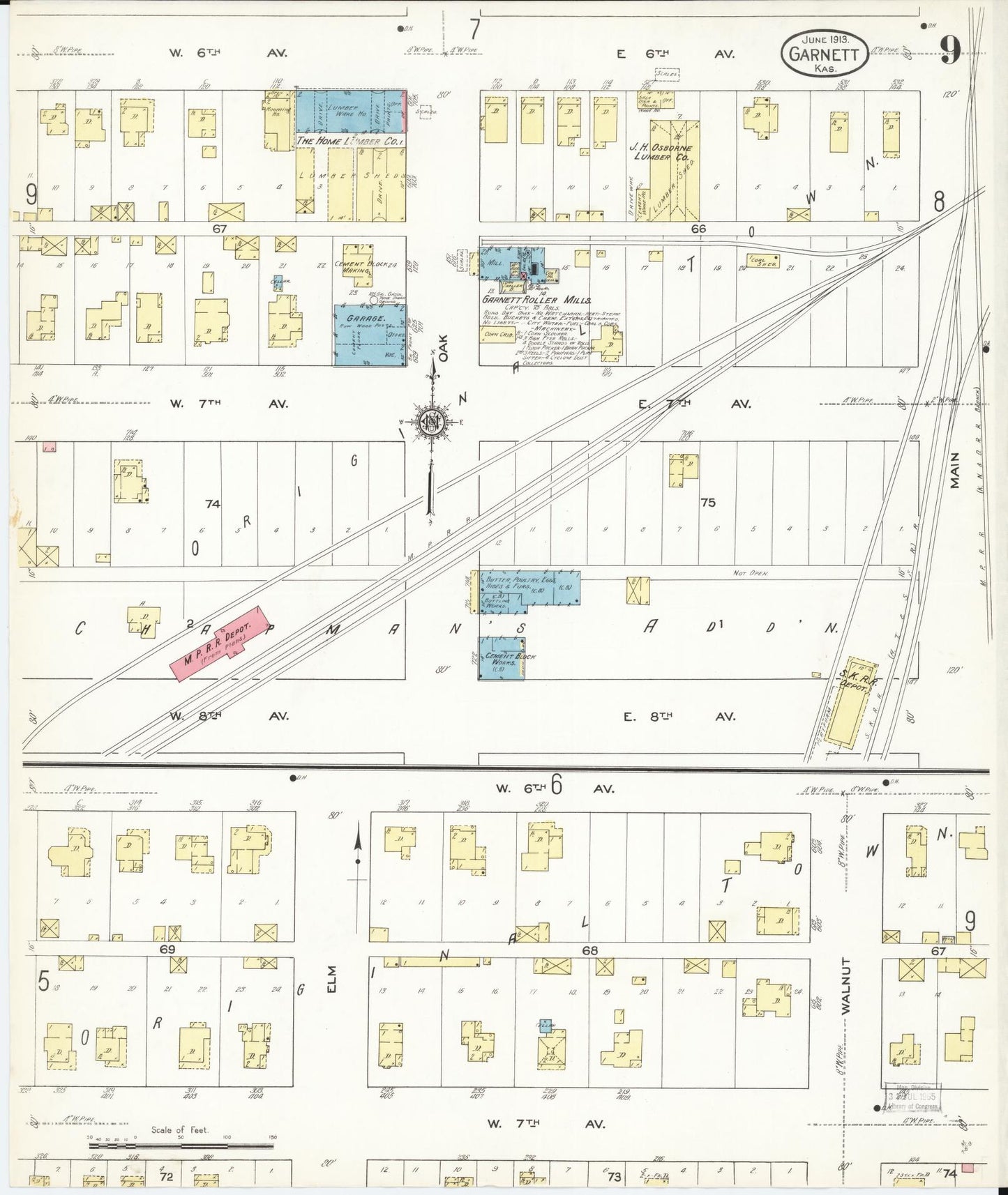 Sanborn Fire Insurance Map from Garnett, Anderson County, Kansas (1913), Sheet #0009 - Historic Sanborn Fire Insurance Map Print, vintage old map wall art, antique decor, genealogy gift, Kansas Kansas map