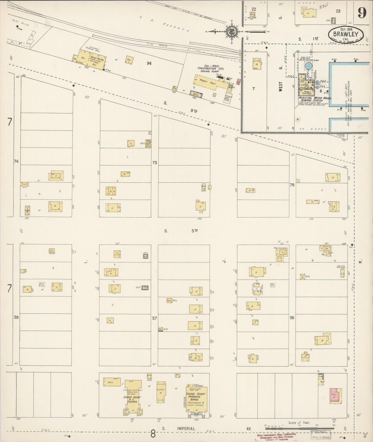 Sanborn Fire Insurance Map from Brawley, Imperial County, California (1916), Sheet #0009 - Historic Sanborn Fire Insurance Map Print, vintage old map wall art, antique decor, genealogy gift, California California map