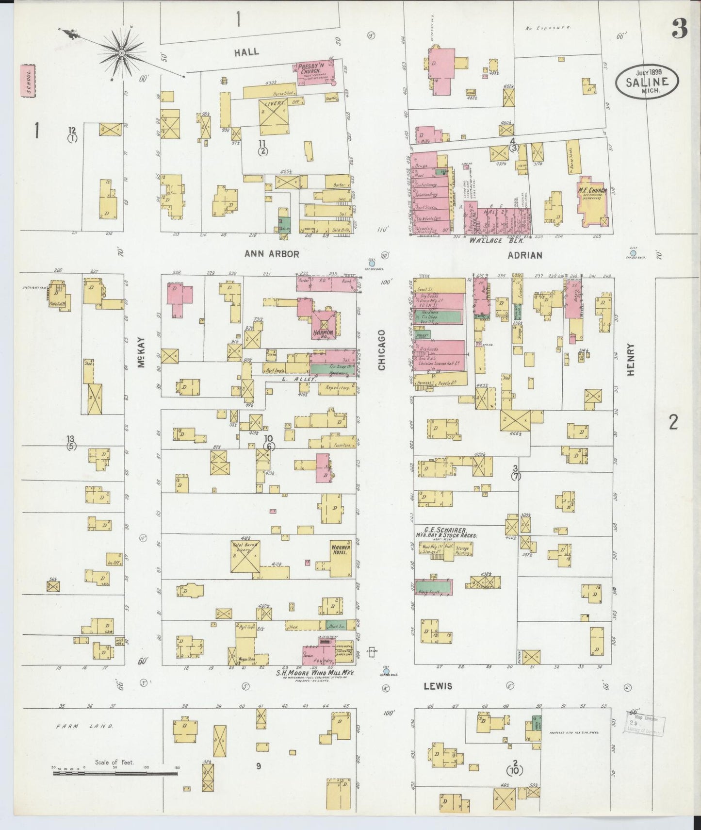 Sanborn Fire Insurance Map from Saline, Washtenaw County, Michigan (1899), Sheet #0003 - Complete Map Set gallery image, historic Sanborn map, vintage wall art, Michigan Michigan