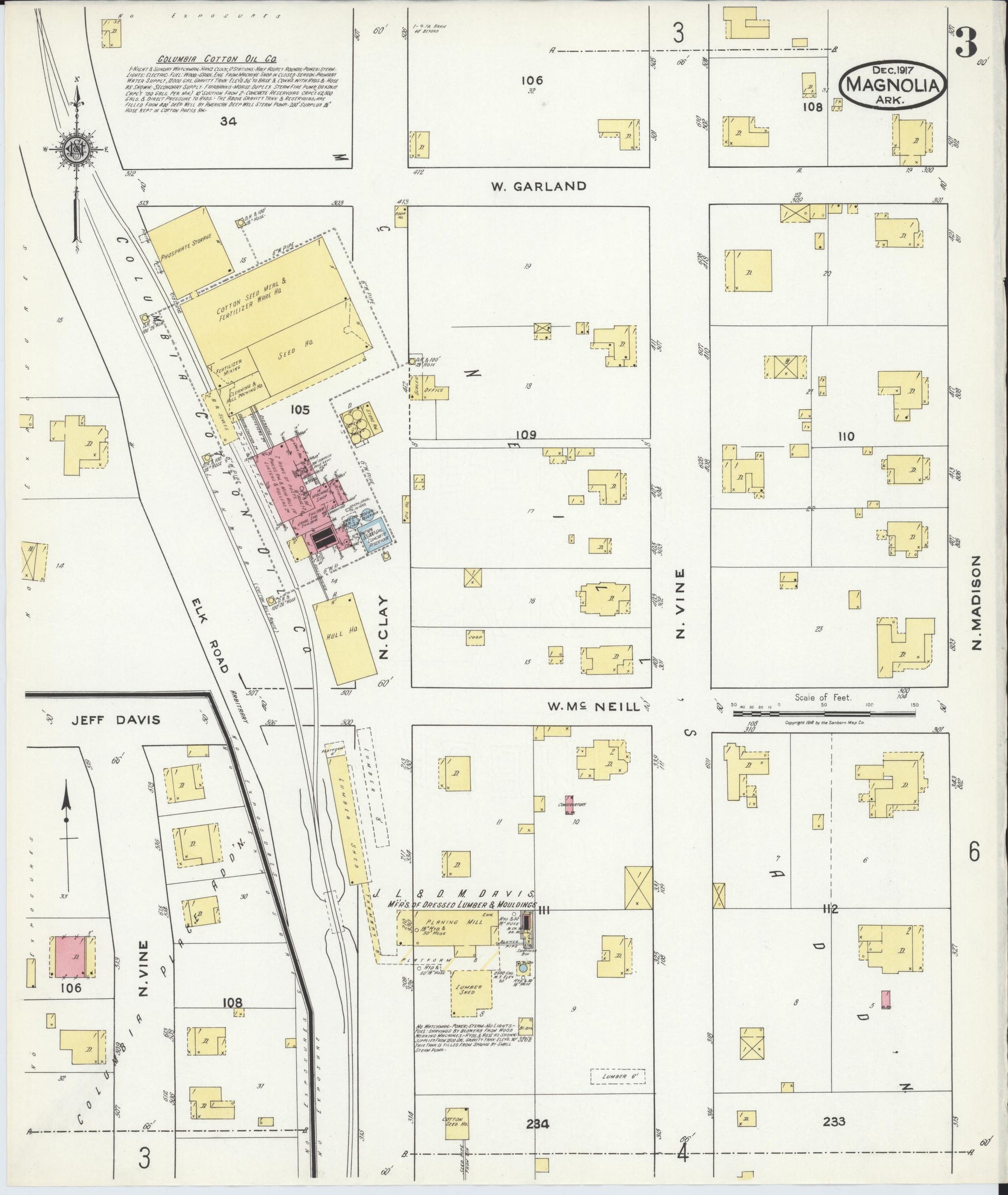 Sanborn Fire Insurance Map from Magnolia, Columbia County, Arkansas (1917), Sheet #0003 - Historic Sanborn Fire Insurance Map Print, vintage old map wall art, antique decor, genealogy gift, Arkansas Arkansas map