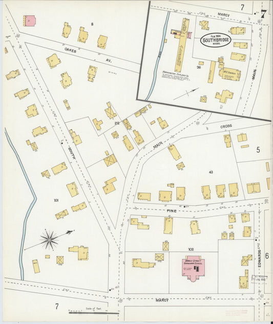 Sanborn Fire Insurance Map from Southbridge, Worcester County, Massachusetts (1904), Sheet #0007 - Historic Sanborn Fire Insurance Map Print, vintage old map wall art, antique decor, genealogy gift, Massachusetts Massachusetts map