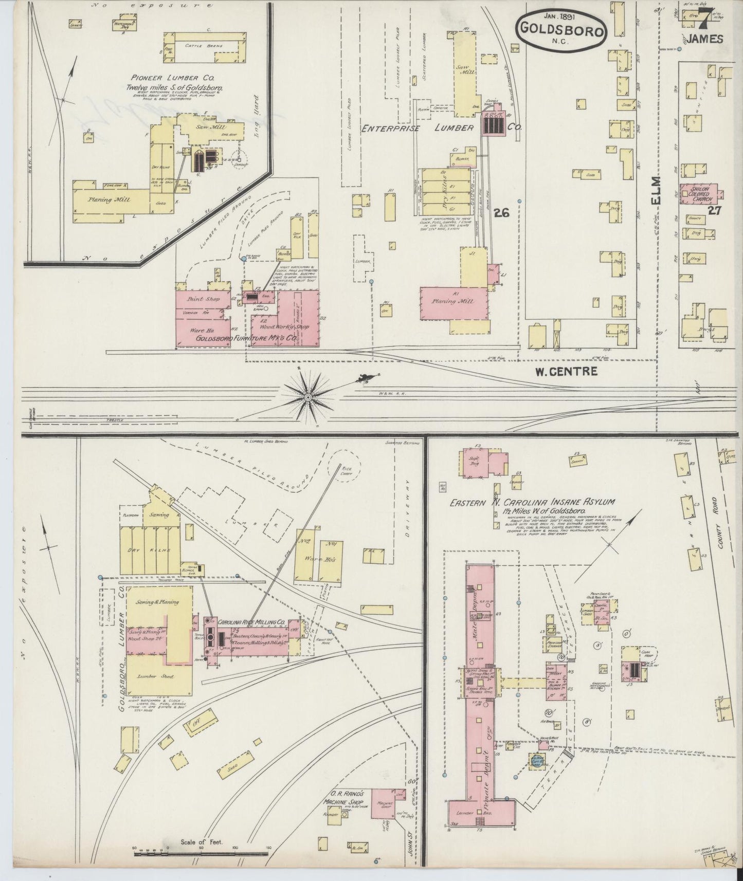 Sanborn Fire Insurance Map from Goldsboro, Wayne County, North Carolina (1891), Sheet #0007 - Complete Map Set gallery image, historic Sanborn map, vintage wall art, North Carolina North Carolina