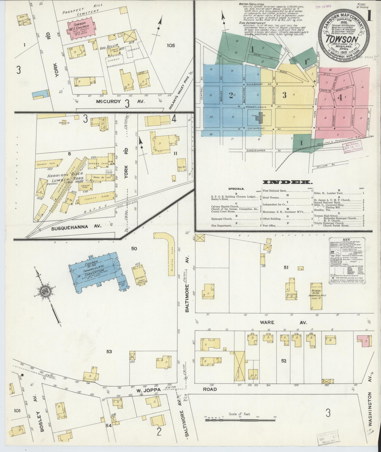 Sanborn Fire Insurance Map from Towson, Baltimore County, Maryland (1910), Sheet #0001 - Complete Map Set gallery image, historic Sanborn map, vintage wall art, Maryland Maryland