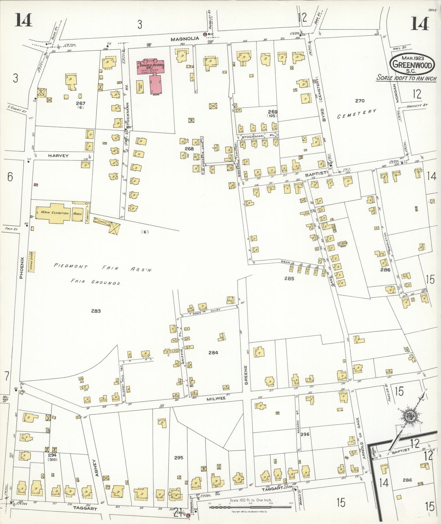 Sanborn Fire Insurance Map from Greenwood, Greenwood County, South Carolina (1923), Sheet #0014 - Complete Map Set gallery image, historic Sanborn map, vintage wall art, South Carolina South Carolina
