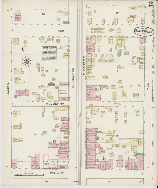 Sanborn Fire Insurance Map from Goldsboro, Wayne County, North Carolina (1885), Sheet #0002 - Historic Sanborn Fire Insurance Map Print, vintage old map wall art, antique decor, genealogy gift, North Carolina North Carolina map