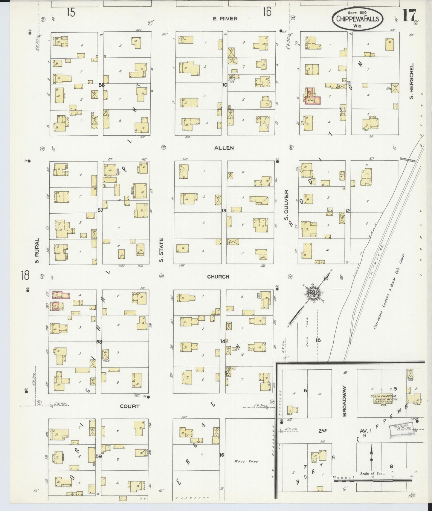 Sanborn Fire Insurance Map from Chippewa Falls, Chippewa County, Wisconsin (1910), Sheet #0017 - Historic Sanborn Fire Insurance Map Print, vintage old map wall art, antique decor, genealogy gift, Wisconsin Wisconsin map