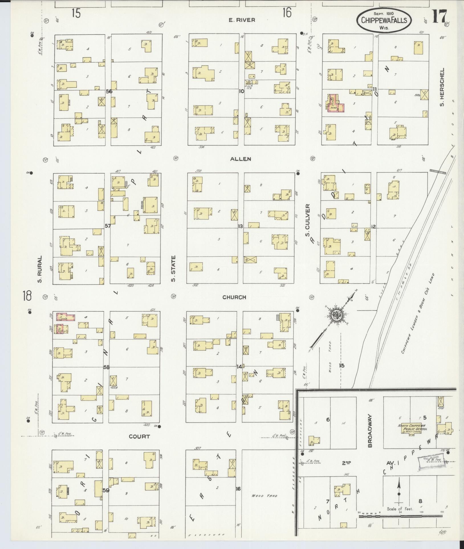 Sanborn Fire Insurance Map from Chippewa Falls, Chippewa County, Wisconsin (1910), Sheet #0017 - Historic Sanborn Fire Insurance Map Print, vintage old map wall art, antique decor, genealogy gift, Wisconsin Wisconsin map