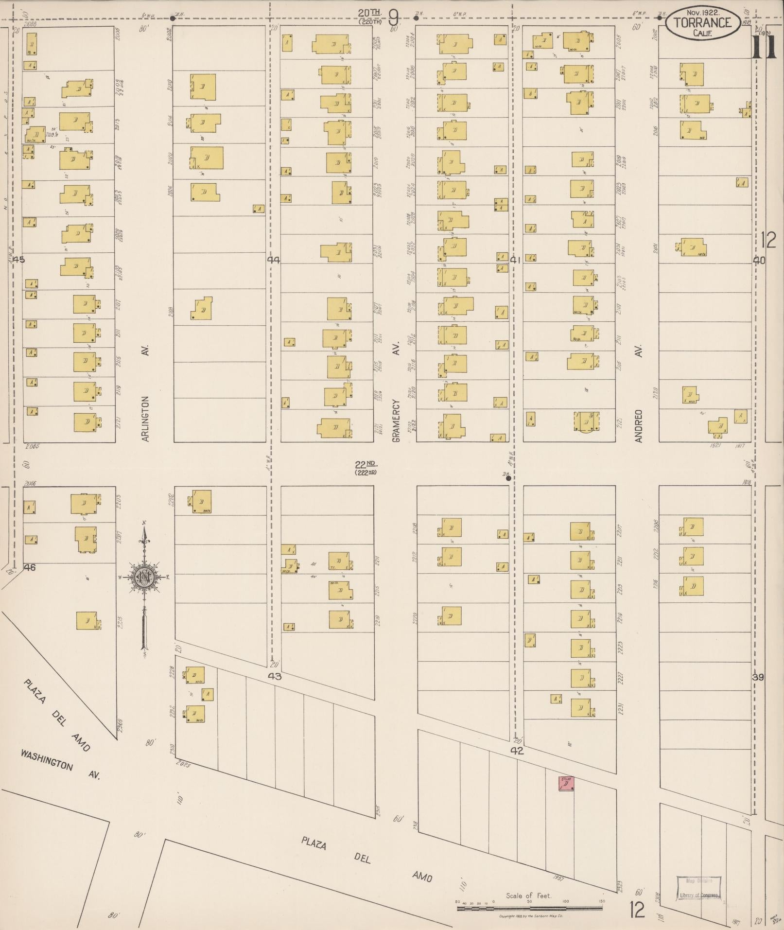 Sanborn Fire Insurance Map from Torrance, Los Angeles County, California (1922), Sheet #0011 - Complete Map Set gallery image, historic Sanborn map, vintage wall art, California California