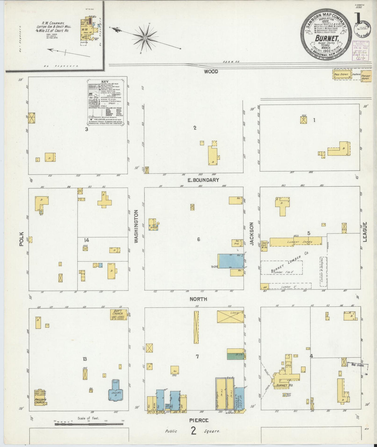 Sanborn Fire Insurance Map from Burnet, Burnet County, Texas (1902), Sheet #0001 - Complete Map Set gallery image, historic Sanborn map, vintage wall art, Texas Texas