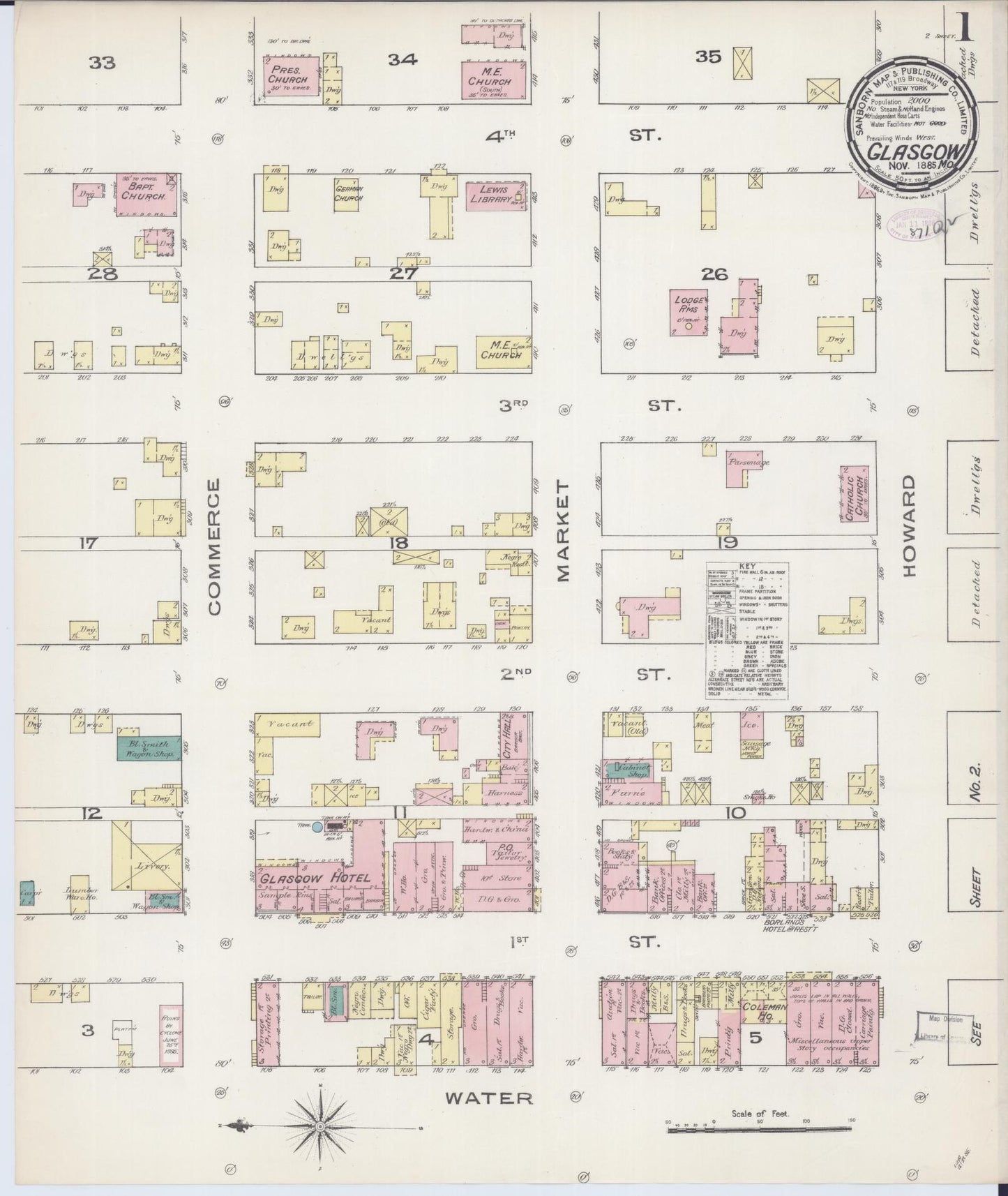 Sanborn Fire Insurance Map from Glasgow, Howard County, Missouri (1885), Sheet #0001 - Complete Map Set gallery image, historic Sanborn map, vintage wall art, Missouri Missouri