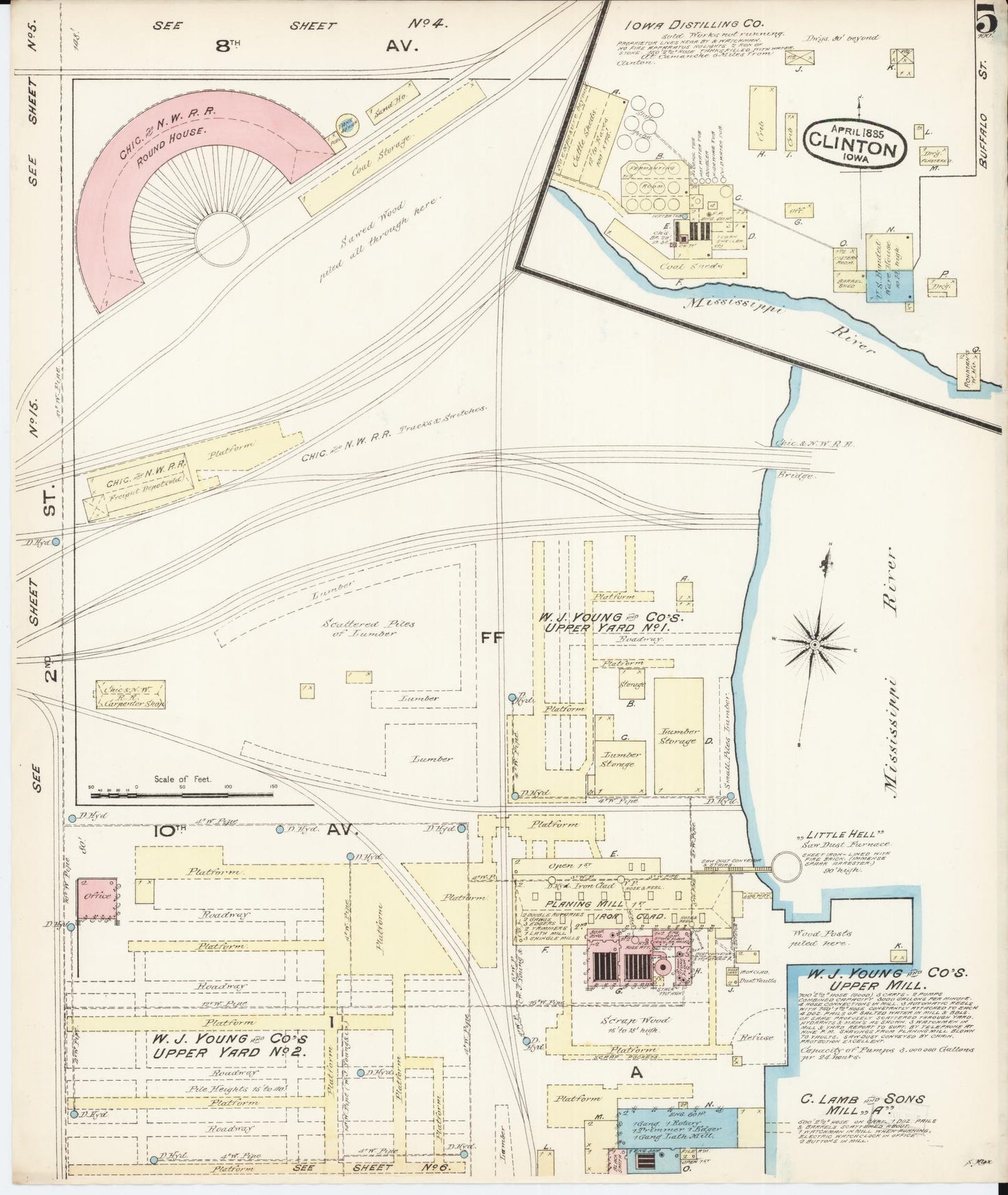 Sanborn Fire Insurance Map from Clinton, Clinton County, Iowa (1885), Sheet #0005 - Historic Sanborn Fire Insurance Map Print, vintage old map wall art