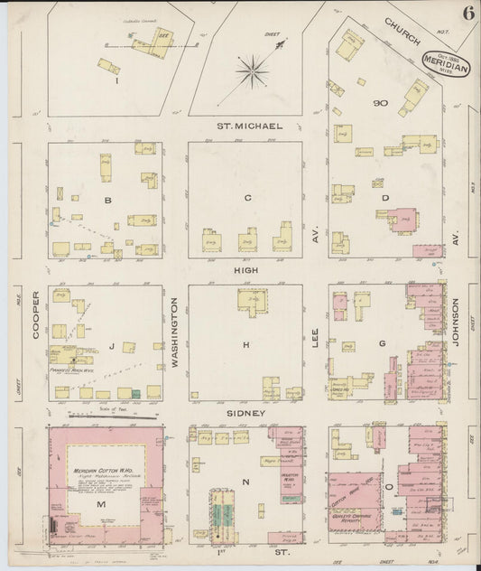 Sanborn Fire Insurance Map from Meridian, Lauderdale County, Mississippi (1885), Sheet #0006 - Historic Sanborn Fire Insurance Map Print, vintage old map wall art, antique decor, genealogy gift, Mississippi Mississippi map