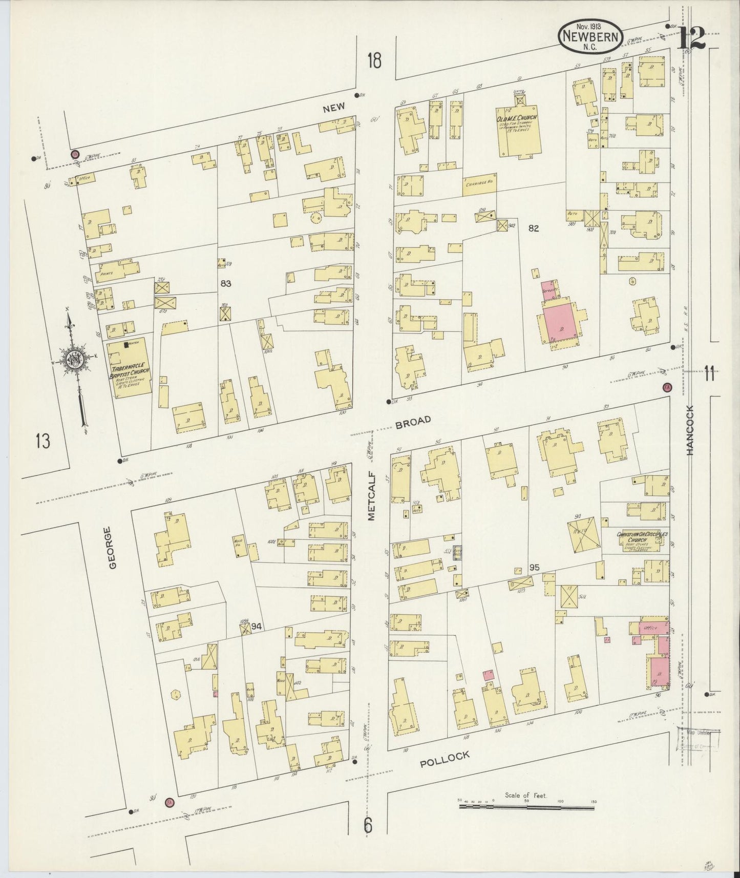 Sanborn Fire Insurance Map from New Bern, Craven County, North Carolina (1913), Sheet #0012 - Historic Sanborn Fire Insurance Map Print, vintage old map wall art, antique decor, genealogy gift, North Carolina North Carolina map