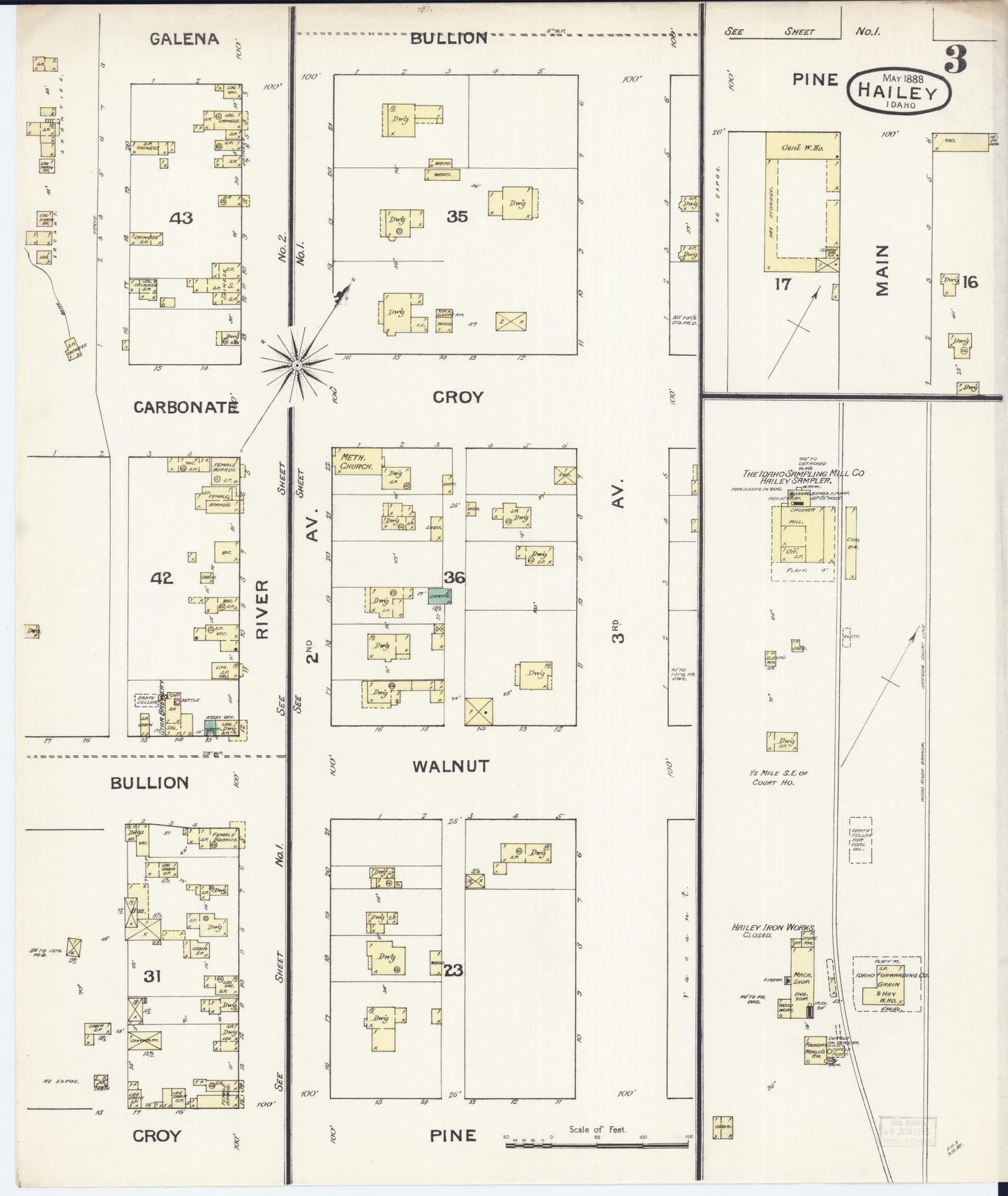 Sanborn Fire Insurance Map from Hailey, Blaine County, Idaho (1888), Sheet #0003 - Historic Sanborn Fire Insurance Map Print, vintage old map wall art, antique decor, genealogy gift, Idaho Idaho map