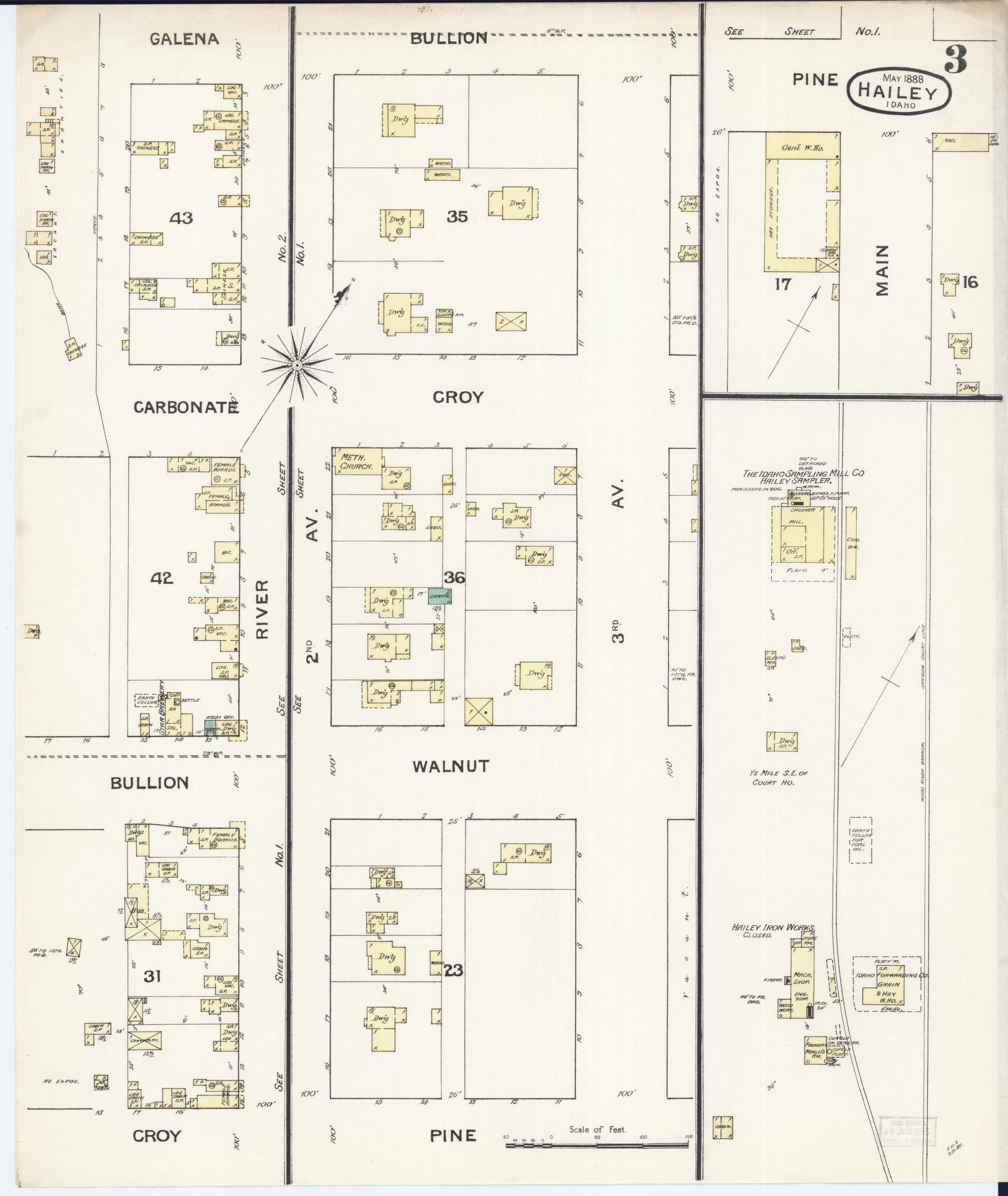 Sanborn Fire Insurance Map from Hailey, Blaine County, Idaho (1888), Sheet #0003 - Historic Sanborn Fire Insurance Map Print, vintage old map wall art, antique decor, genealogy gift, Idaho Idaho map