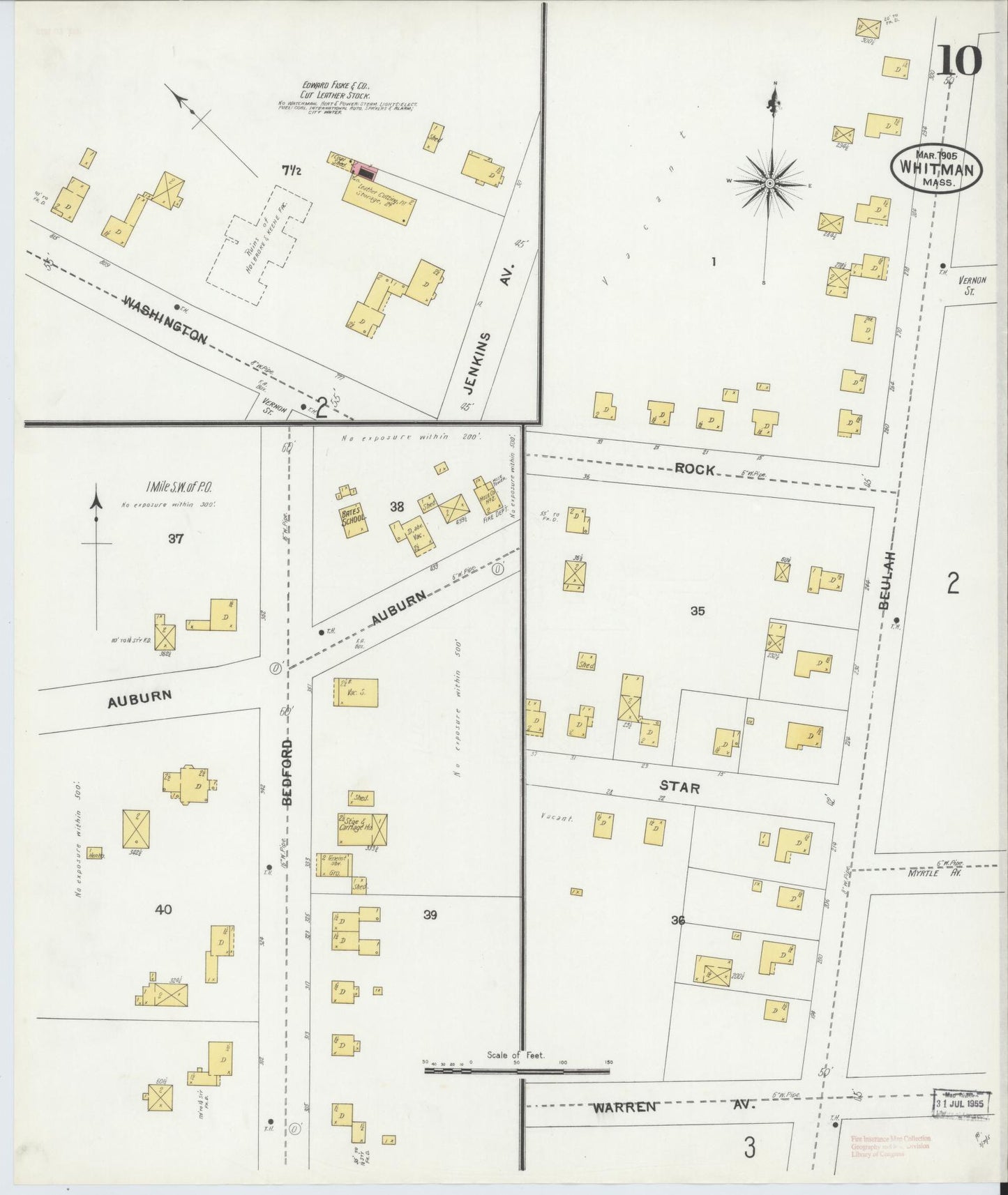 Sanborn Fire Insurance Map from Whitman, Plymouth County, Massachusetts (1905), Sheet #0010 - Historic Sanborn Fire Insurance Map Print, vintage old map wall art, antique decor, genealogy gift, Massachusetts Massachusetts map