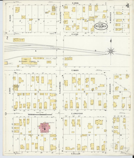 Sanborn Fire Insurance Map from Bessemer, Gogebic County, Michigan (1908), Sheet #0004 - Historic Sanborn Fire Insurance Map Print, vintage old map wall art, antique decor, genealogy gift, Michigan Michigan map