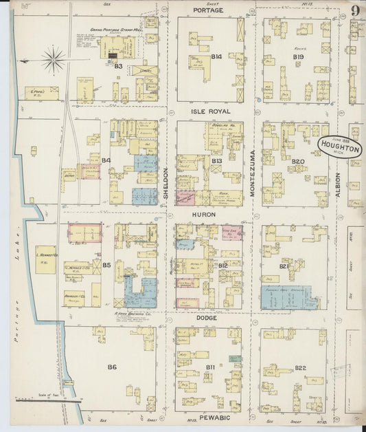 Sanborn Fire Insurance Map from Houghton, Houghton County, Michigan (1888), Sheet #0009 - Historic Sanborn Fire Insurance Map Print, vintage old map wall art, antique decor, genealogy gift, Michigan Michigan map
