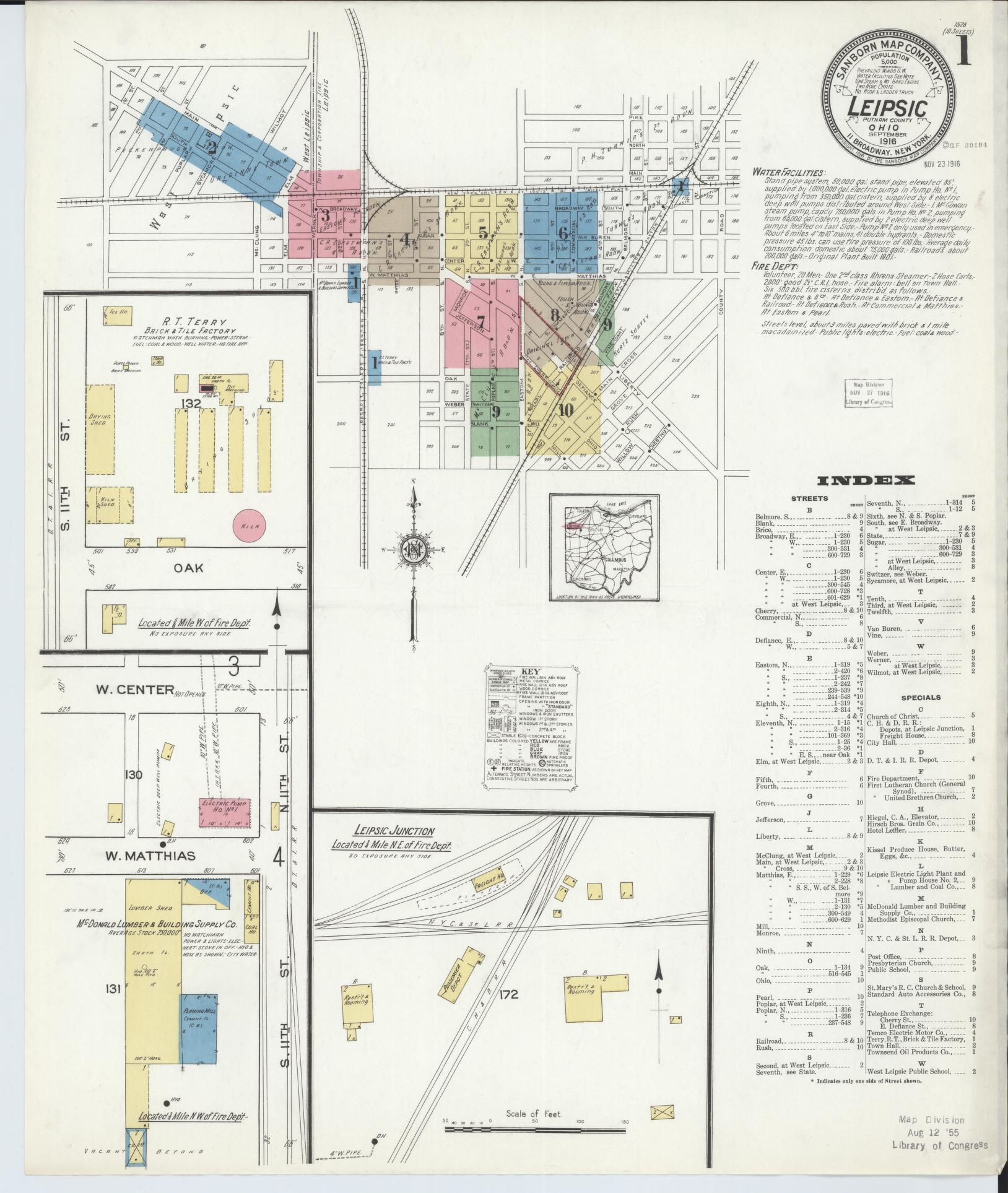 Sanborn Fire Insurance Map from Leipsic, Putnam County, Ohio (1916), Sheet #0001 - Historic Sanborn Fire Insurance Map Print, vintage old map wall art, antique decor, genealogy gift, Ohio Ohio map