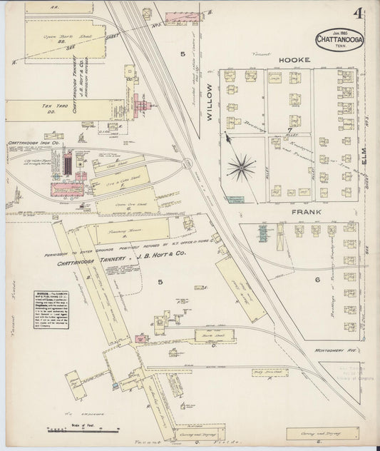 Sanborn Fire Insurance Map from Chattanooga, Hamilton County, Tennessee (1885), Sheet #0004 - Historic Sanborn Fire Insurance Map Print, vintage old map wall art, antique decor, genealogy gift, Tennessee Tennessee map