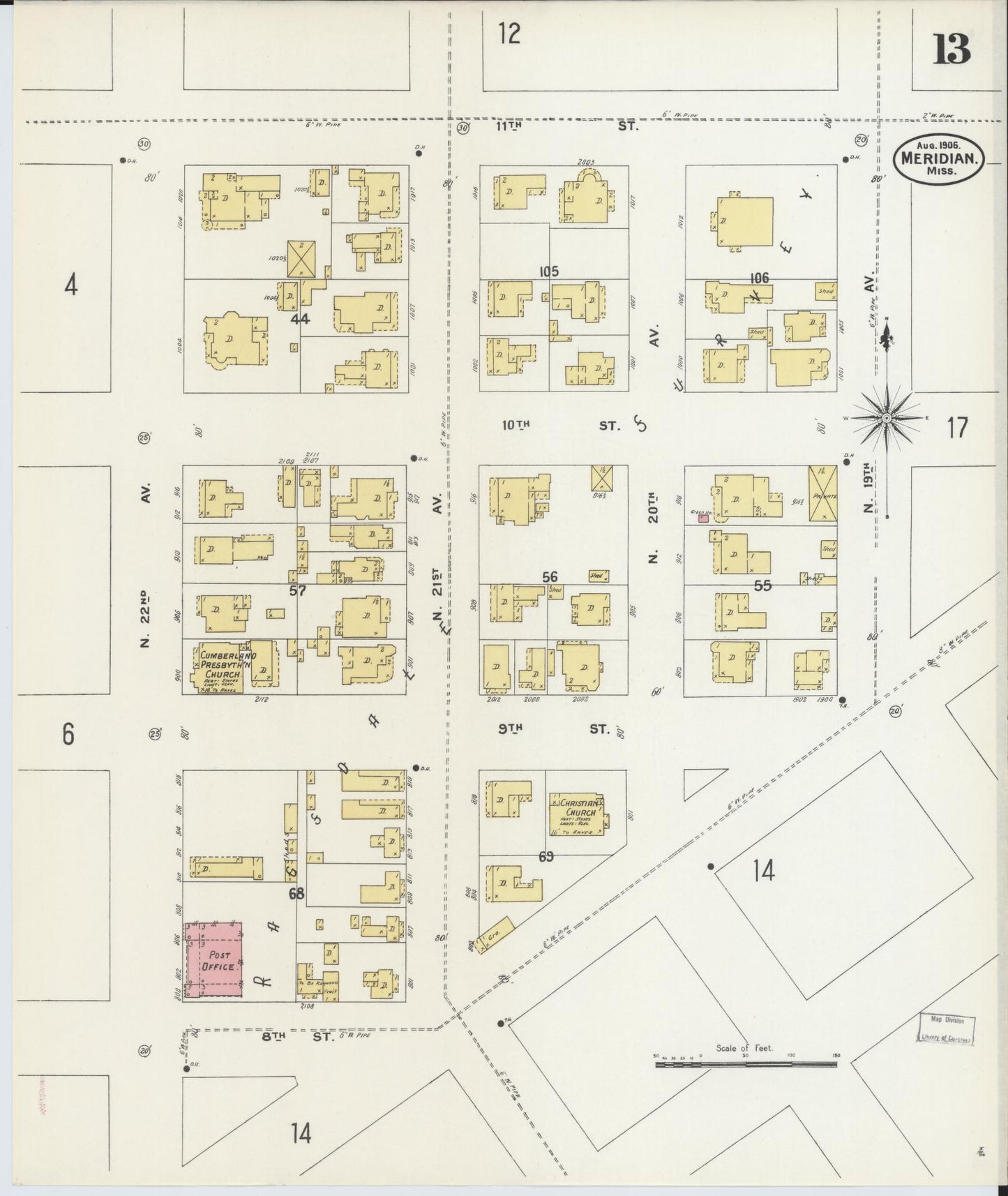 Sanborn Fire Insurance Map from Meridian, Lauderdale County, Mississippi (1906), Sheet #0013 - Historic Sanborn Fire Insurance Map Print, vintage old map wall art, antique decor, genealogy gift, Mississippi Mississippi map