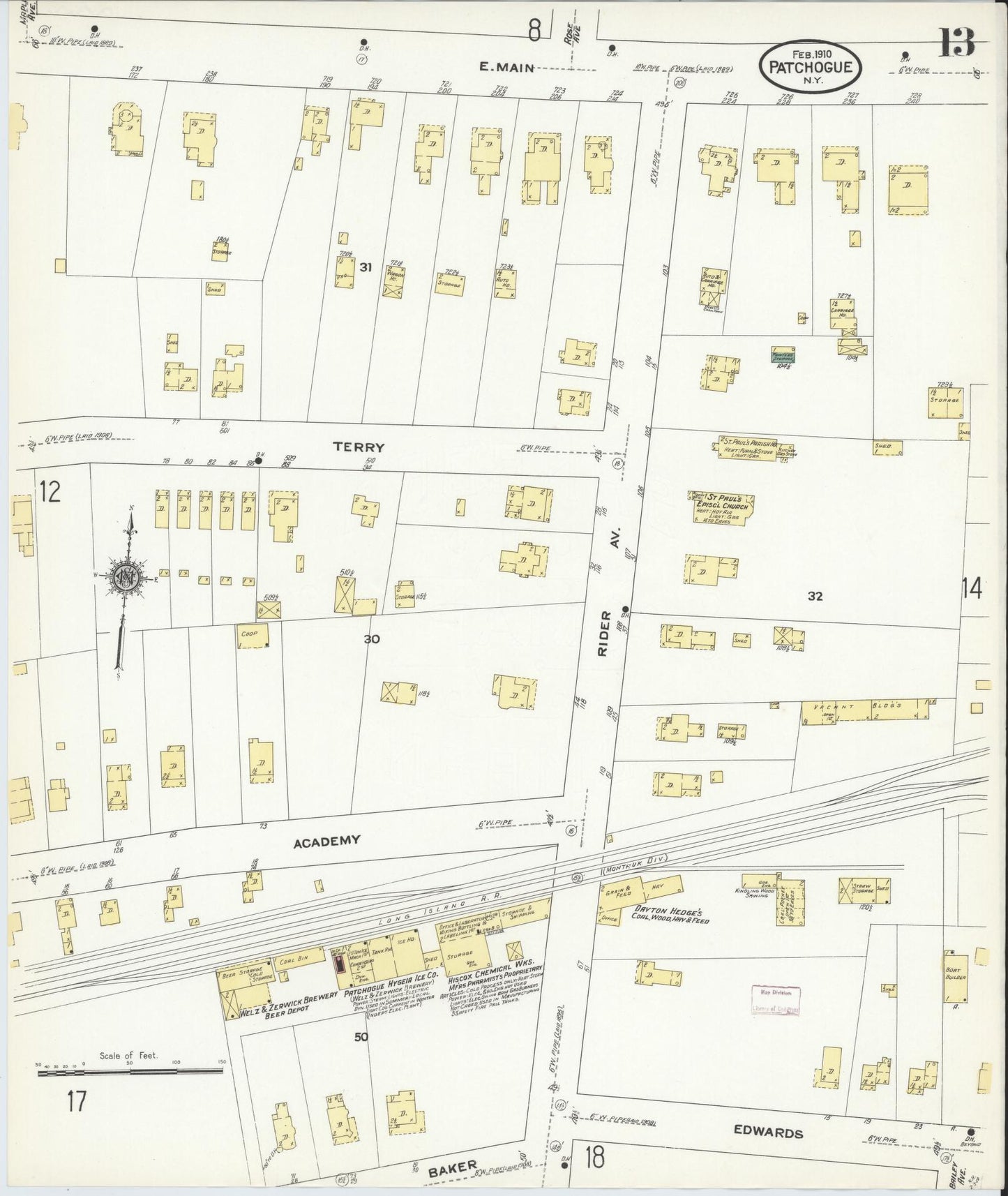 Sanborn Fire Insurance Map from Patchogue, Suffolk County, New York (1910), Sheet #0013 - Historic Sanborn Fire Insurance Map Print, vintage old map wall art, antique decor, genealogy gift, New York New York map