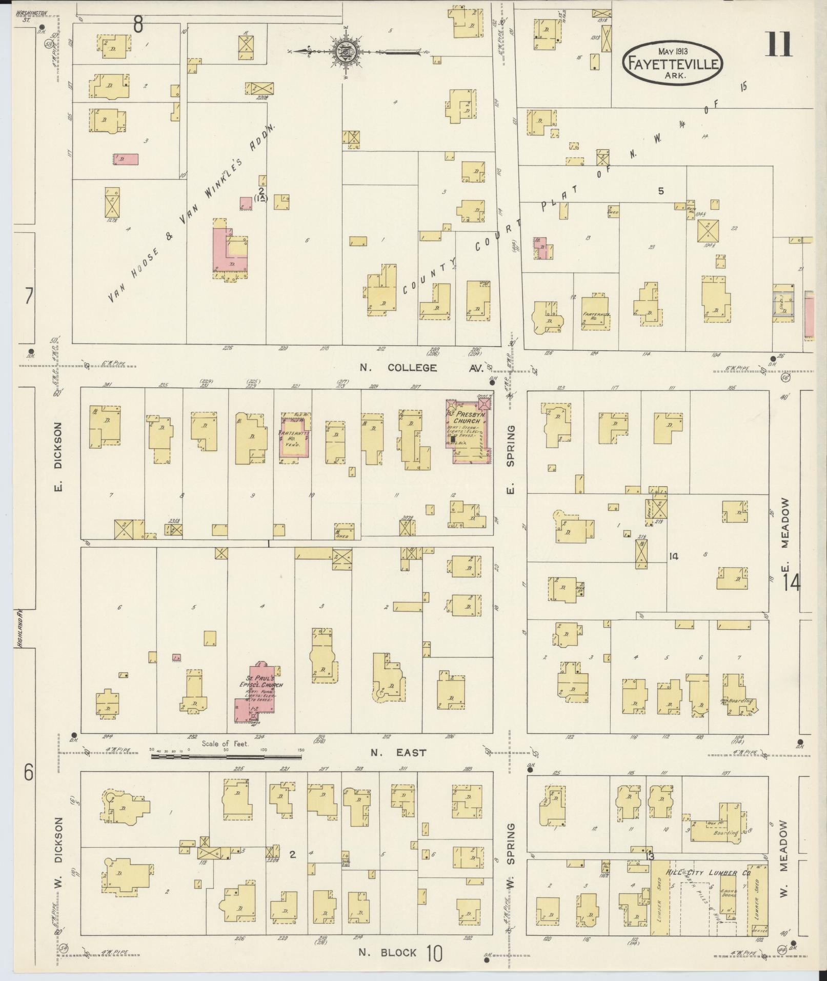 Sanborn Fire Insurance Map from Fayetteville, Washington County, Arkansas (1913), Sheet #0011 - Historic Sanborn Fire Insurance Map Print, vintage old map wall art, antique decor, genealogy gift, Arkansas Arkansas map