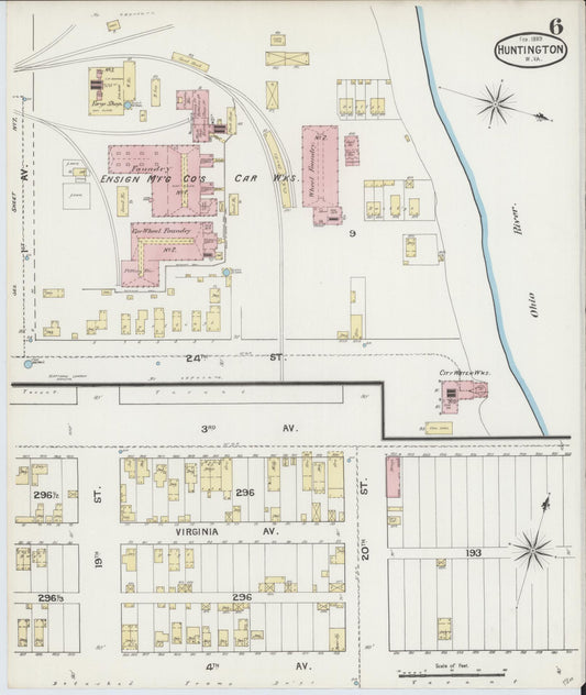 Sanborn Fire Insurance Map from Huntington, Cabell County, West Virginia (1889), Sheet #0006 - Historic Sanborn Fire Insurance Map Print, vintage old map wall art, antique decor, genealogy gift, West Virginia West Virginia map