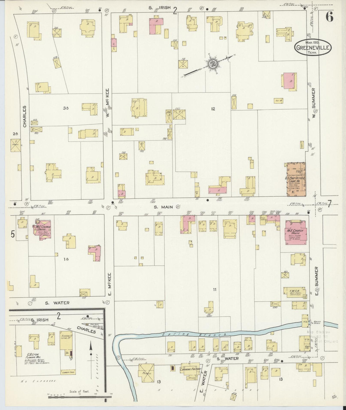 Sanborn Fire Insurance Map from Greeneville, Greene County, Tennessee (1913), Sheet #0006 - Complete Map Set gallery image, historic Sanborn map, vintage wall art, Tennessee Tennessee
