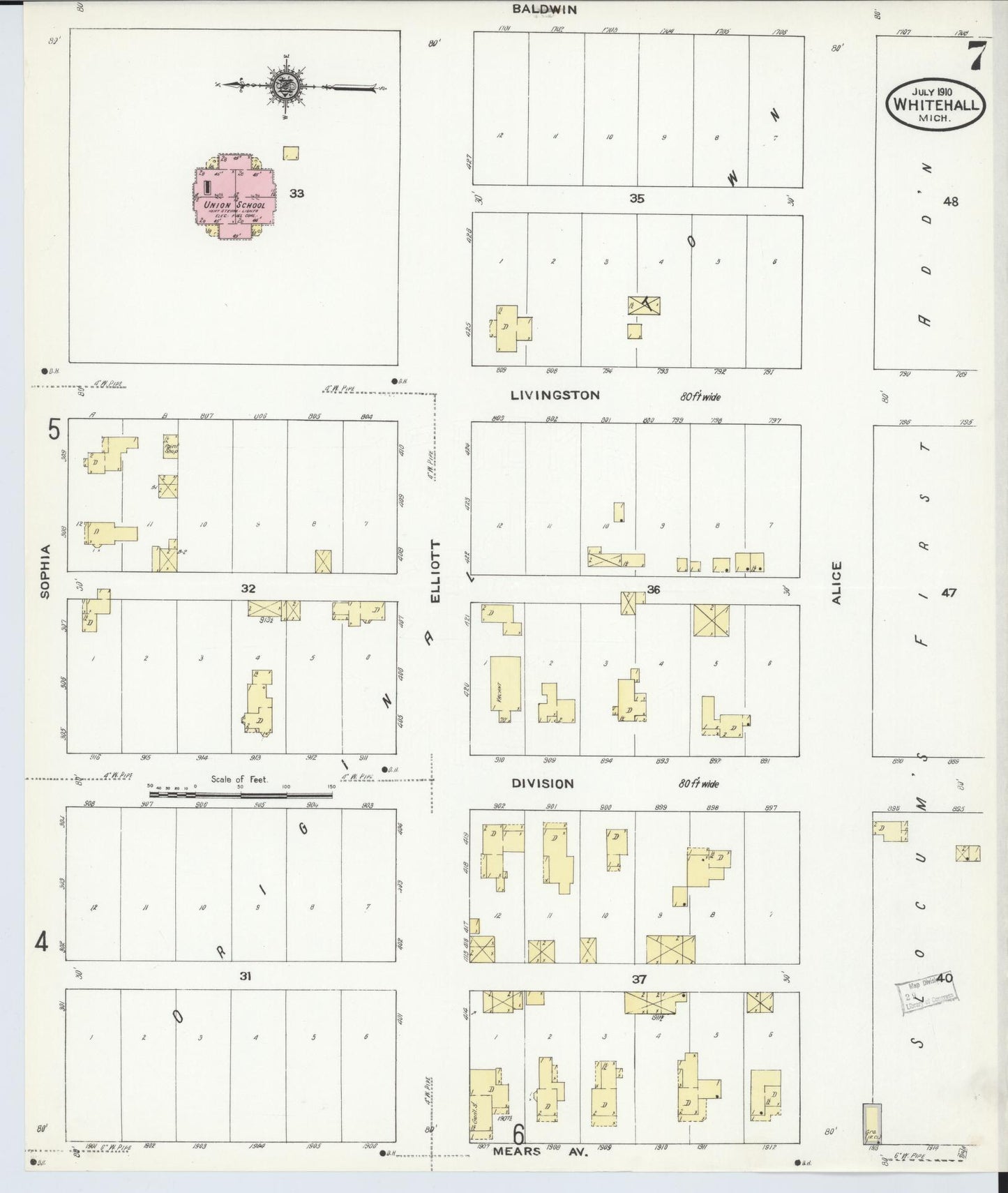 Sanborn Fire Insurance Map from Whitehall, Muskegon County, Michigan (1910), Sheet #0007 - Complete Map Set gallery image, historic Sanborn map, vintage wall art, Michigan Michigan