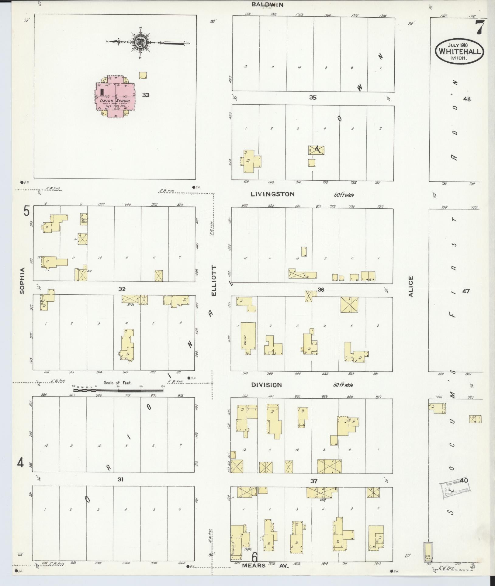Sanborn Fire Insurance Map from Whitehall, Muskegon County, Michigan (1910), Sheet #0007 - Complete Map Set gallery image, historic Sanborn map, vintage wall art, Michigan Michigan
