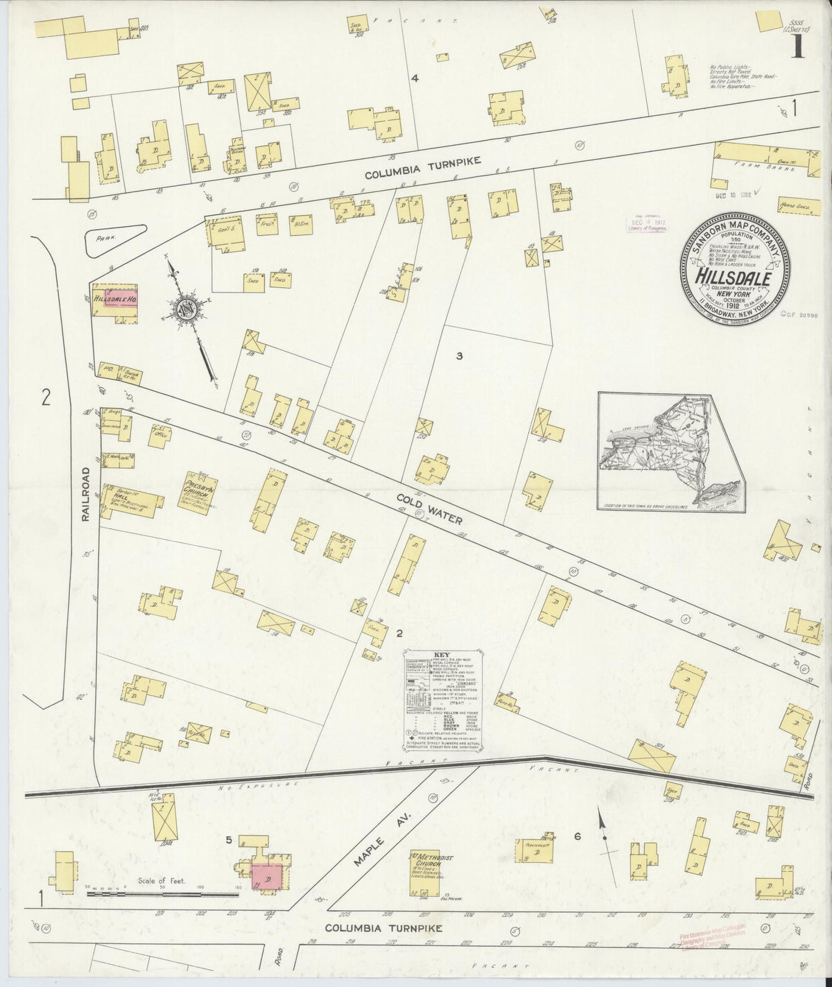 Sanborn Fire Insurance Map from Hillsdale, Columbia County, New York (1912), Sheet #0001 - Complete Map Set gallery image, historic Sanborn map, vintage wall art, New York New York