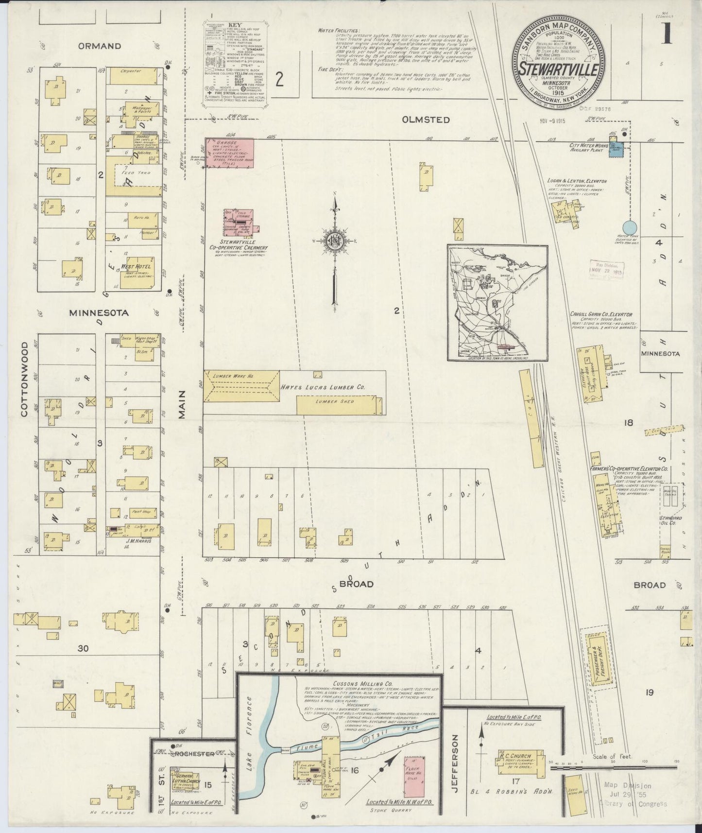 Sanborn Fire Insurance Map from Stewartville, Olmsted County, Minnesota (1915), Sheet #0001 - Complete Map Set gallery image, historic Sanborn map, vintage wall art, Minnesota Minnesota
