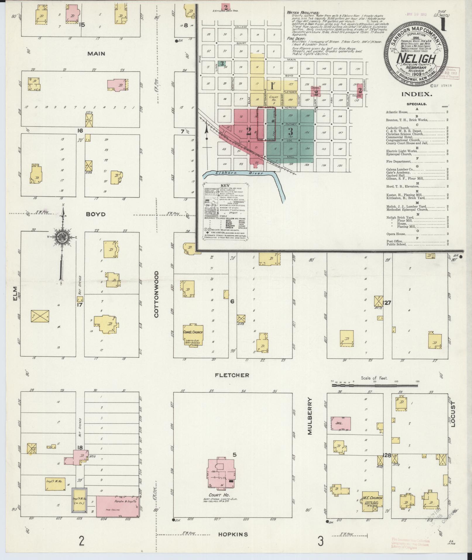 Sanborn Fire Insurance Map from Neligh, Antelope County, Nebraska (1909), Sheet #0001 - Historic Sanborn Fire Insurance Map Print, vintage old map wall art, antique decor, genealogy gift, Nebraska Nebraska map