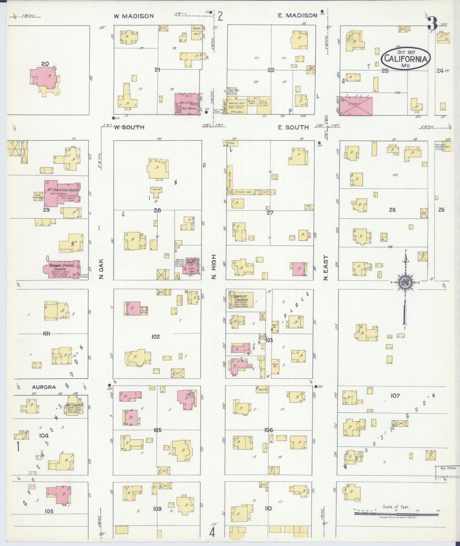 Sanborn Fire Insurance Map from California, Moniteau County, Missouri (1917), Sheet #0003 - Historic Sanborn Fire Insurance Map Print, vintage old map wall art, antique decor, genealogy gift, Missouri Missouri map
