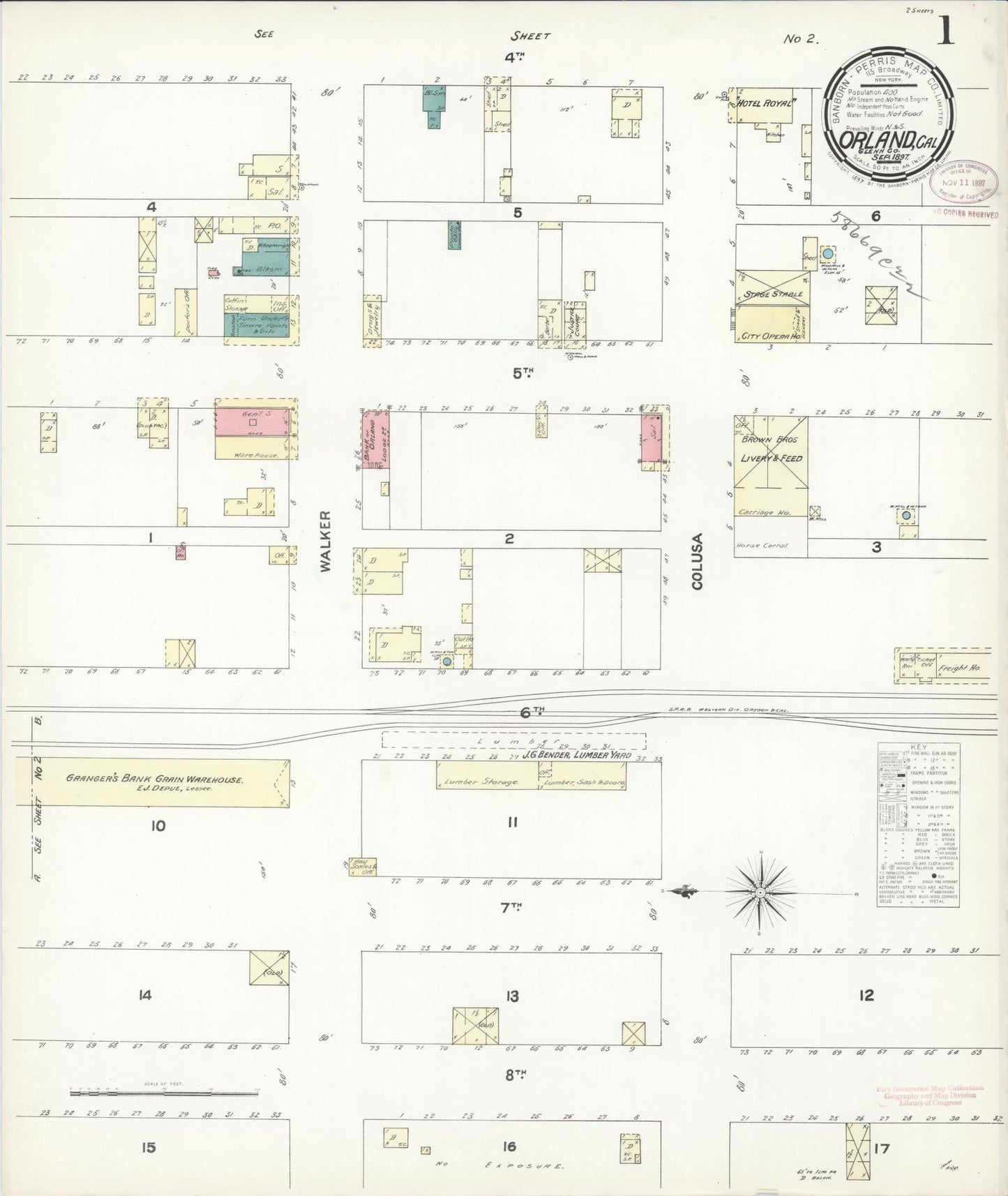 Sanborn Fire Insurance Map from Orland, Glenn County, California (1897), Sheet #0001 - Complete Map Set gallery image, historic Sanborn map, vintage wall art, California California