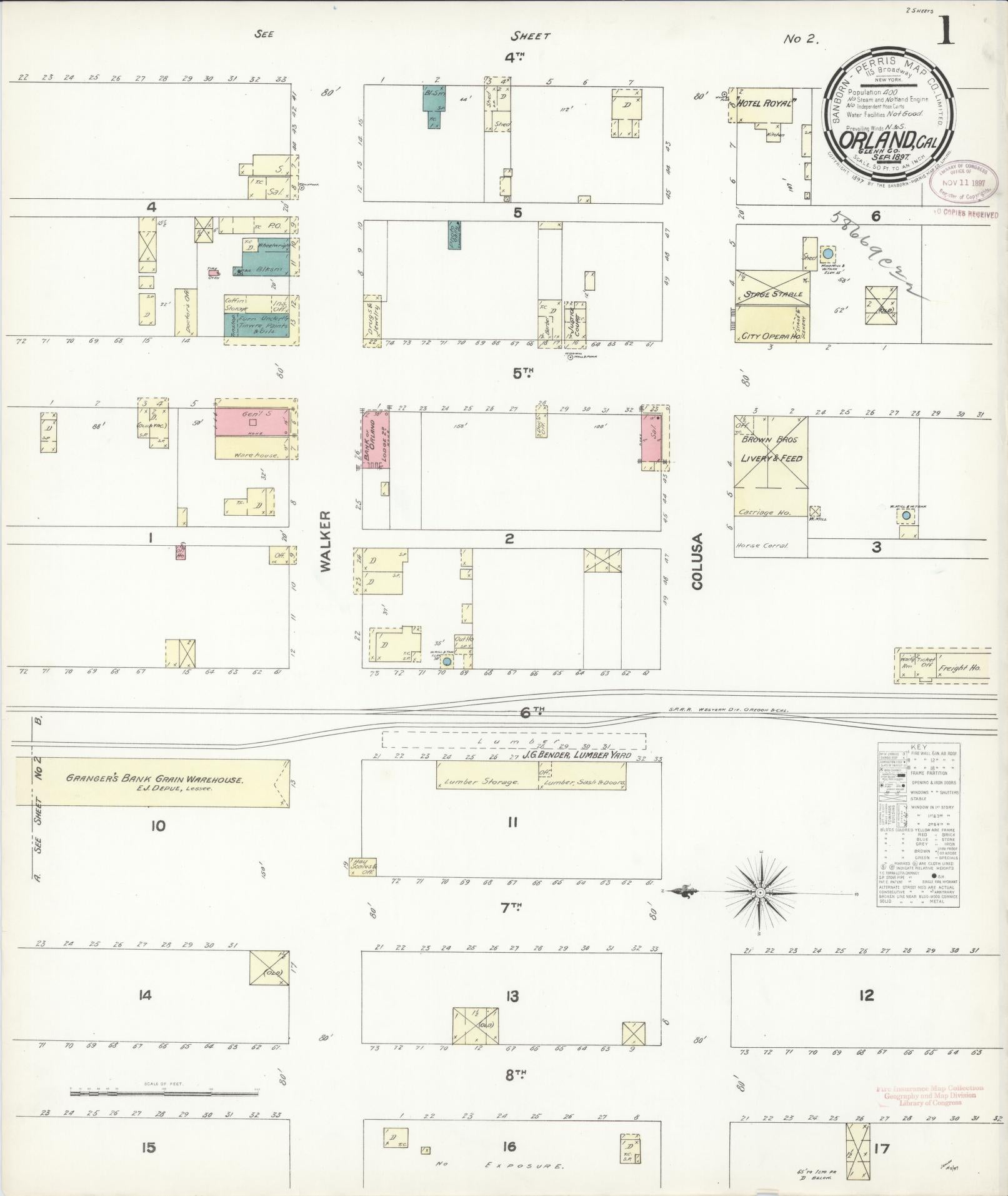 Sanborn Fire Insurance Map from Orland, Glenn County, California (1897), Sheet #0001 - Complete Map Set gallery image, historic Sanborn map, vintage wall art, California California