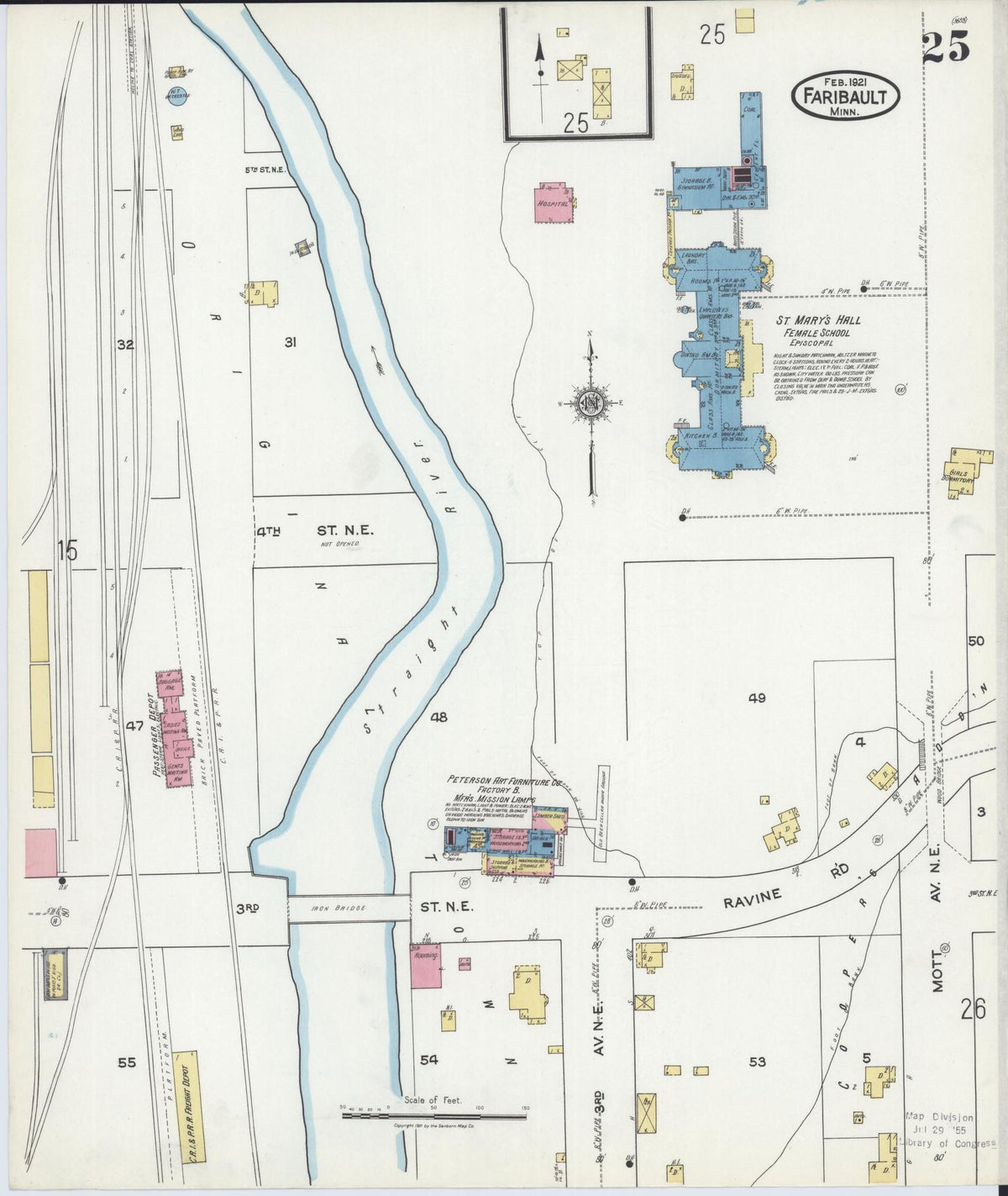 Sanborn Fire Insurance Map from Faribault, Rice County, Minnesota (1921), Sheet #0025 - Historic Sanborn Fire Insurance Map Print, vintage old map wall art, antique decor, genealogy gift, Minnesota Minnesota map