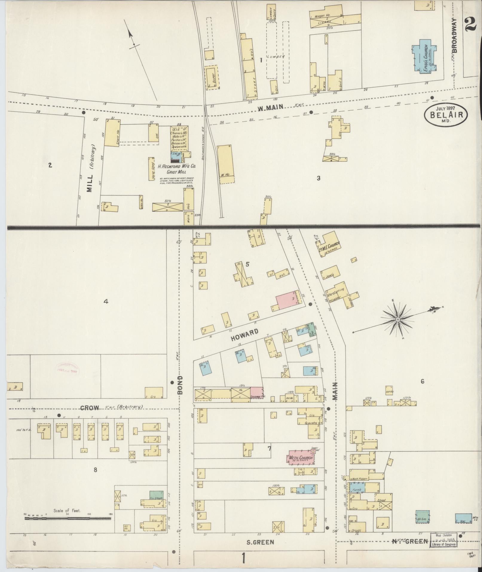 Sanborn Fire Insurance Map from Bel Air, Harford County, Maryland (1897), Sheet #0002 - Historic Sanborn Fire Insurance Map Print, vintage old map wall art, antique decor, genealogy gift, Maryland Maryland map