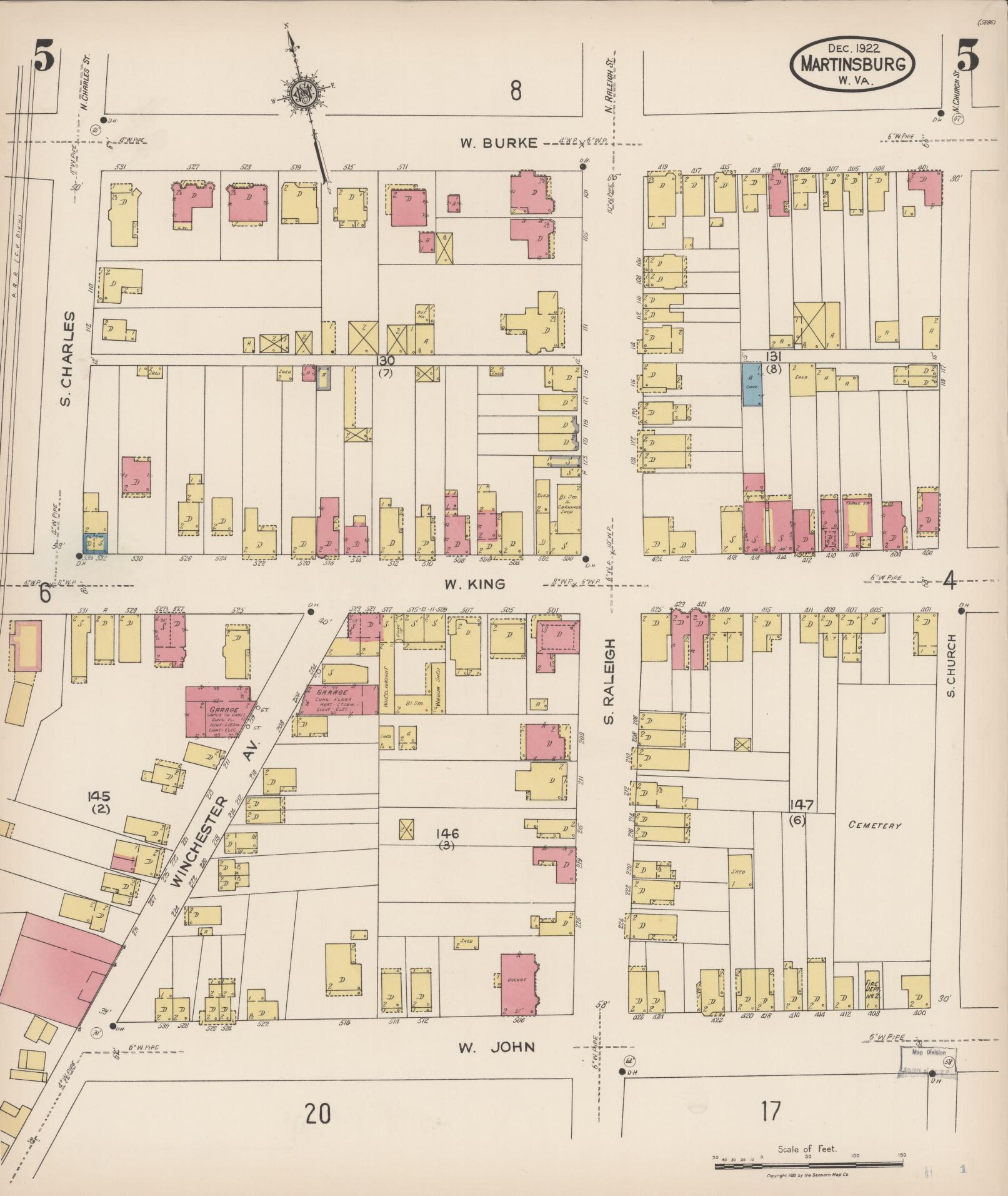 Sanborn Fire Insurance Map from Martinsburg, Berkeley County, West Virginia (1922), Sheet #0005 - Complete Map Set gallery image, historic Sanborn map, vintage wall art, West Virginia West Virginia